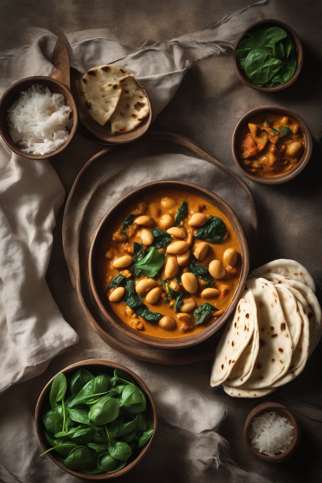 A high-resolution photo of steaming butter bean curry in a coconut bowl with spinach and naan, under soft lighting.
