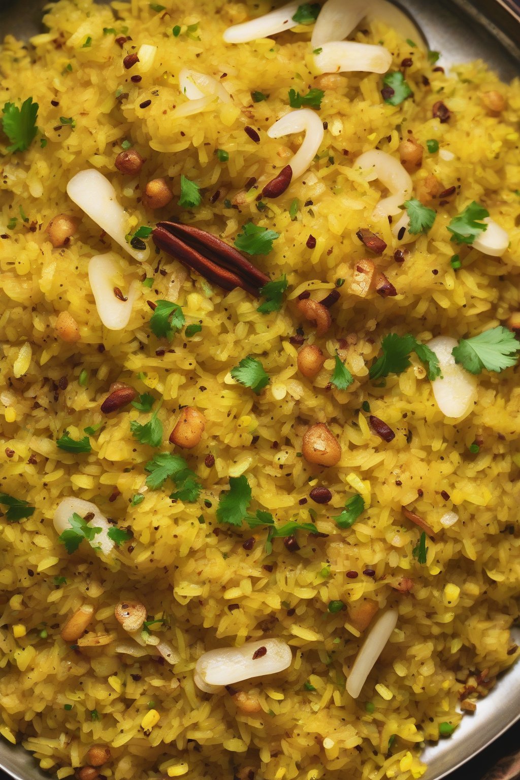 A high-resolution photo of Spicy Masala Poha with golden potato bits and spice flecks, fluffy mound, under soft lighting.