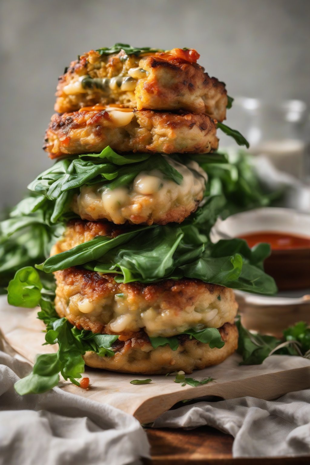A high-resolution photo of stacked butter bean patties on a bun with greens and sauce, under soft lighting.