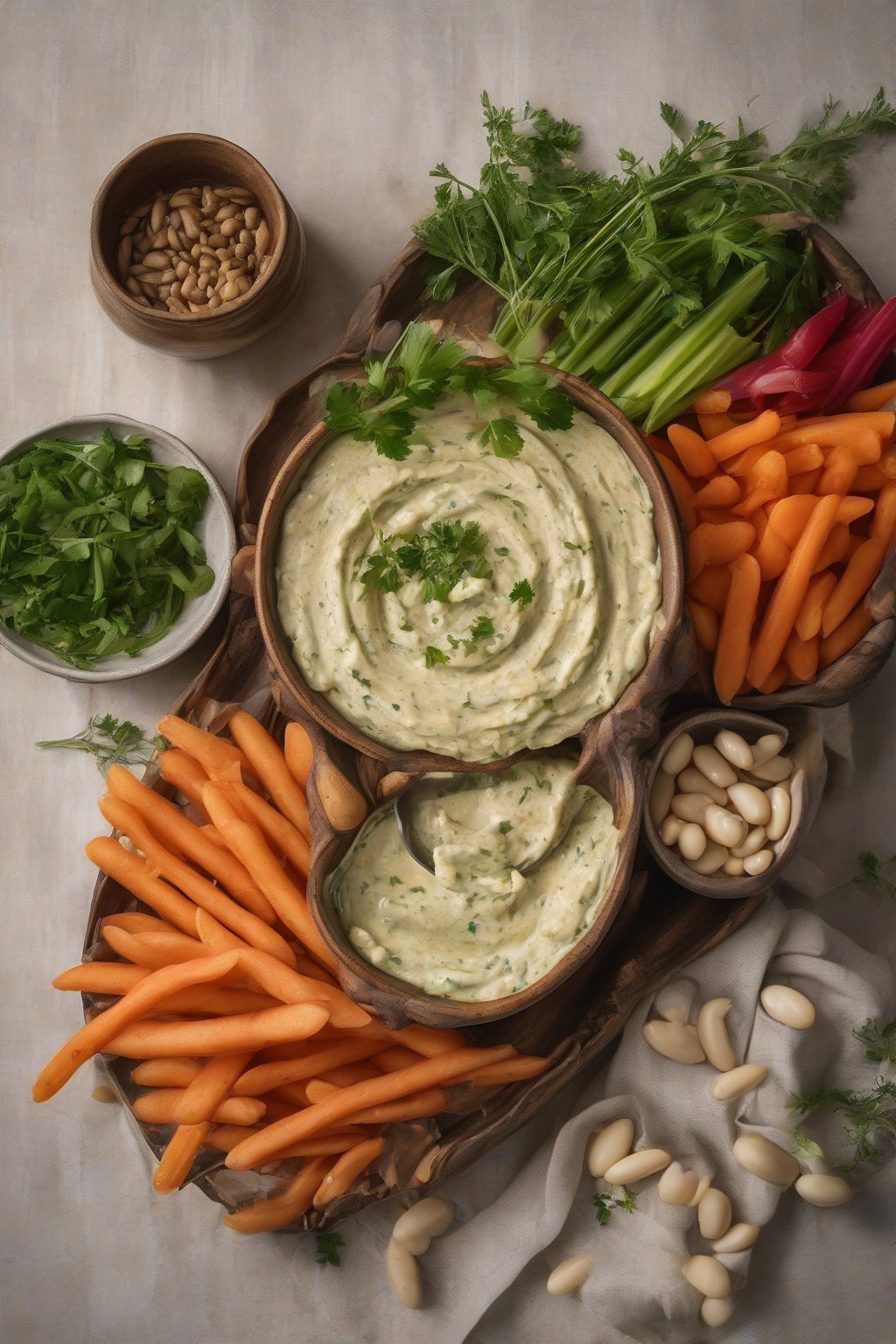 A high-resolution photo of herbed butter bean dip in a rustic bowl with crudités, under soft lighting.