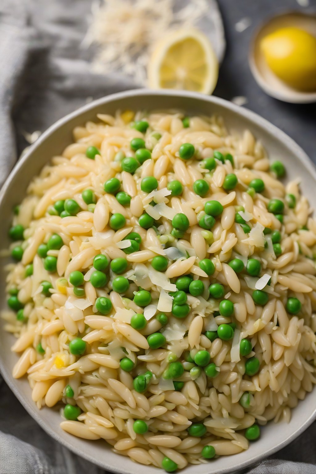 A high-resolution photo of lemony butter bean orzo in a shallow bowl with peas and cheese shavings, under soft lighting.