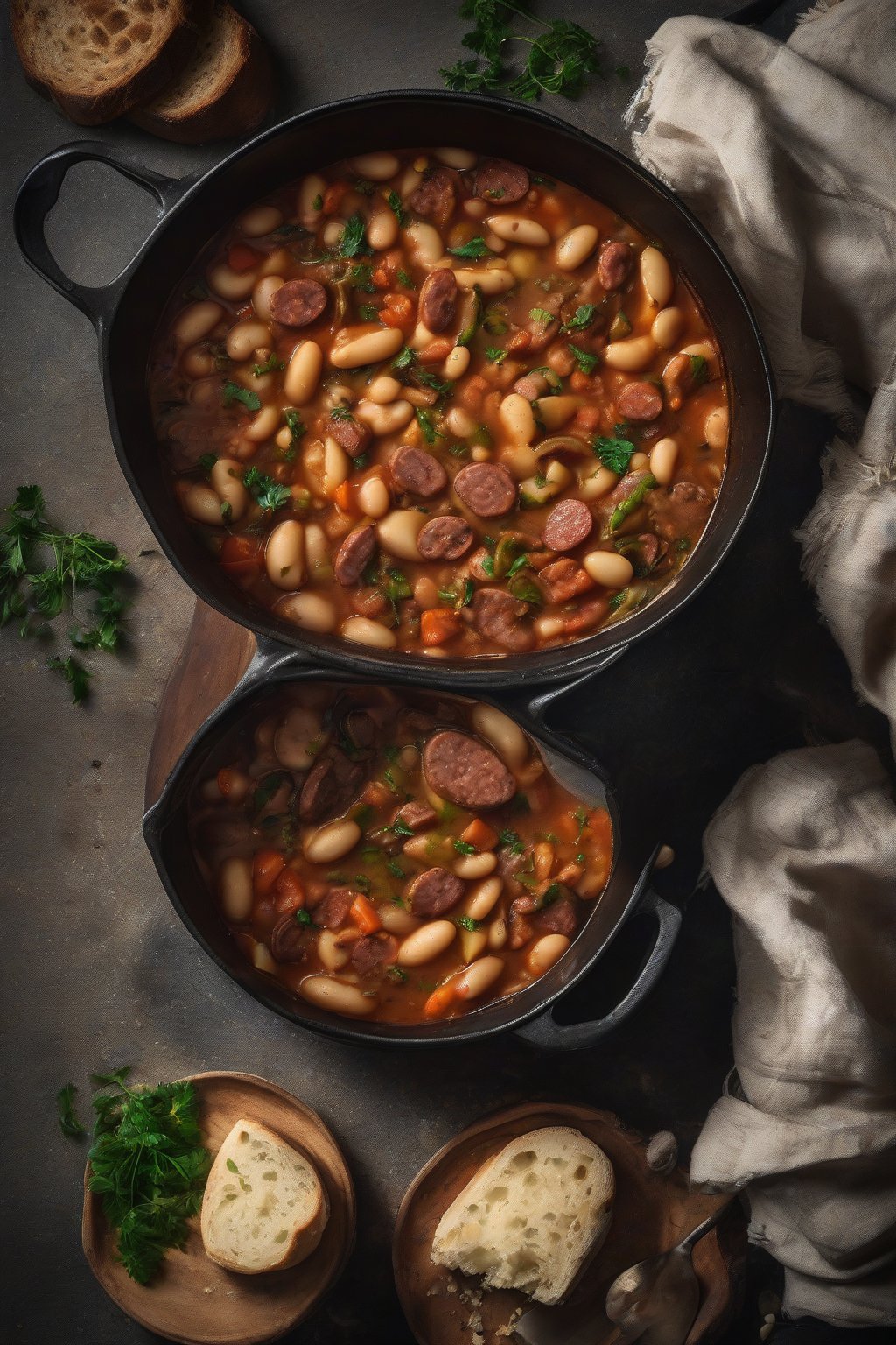 A high-resolution photo of hearty butter bean stew in a Dutch oven with sausage slices, under soft lighting.