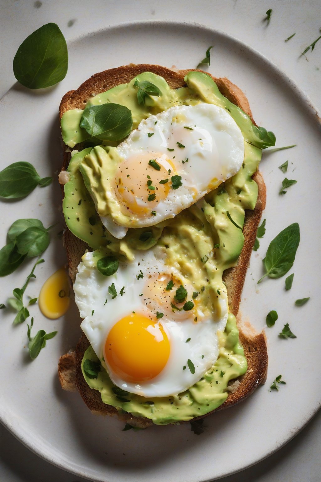 A high-resolution photo of open-faced avocado butter bean toast with runny egg, under soft lighting.