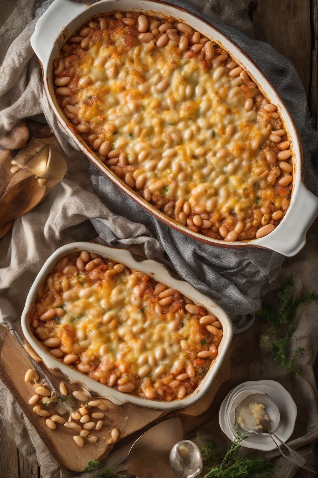 A high-resolution photo of bubbly cheesy butter bean casserole fresh from the oven, under soft lighting.