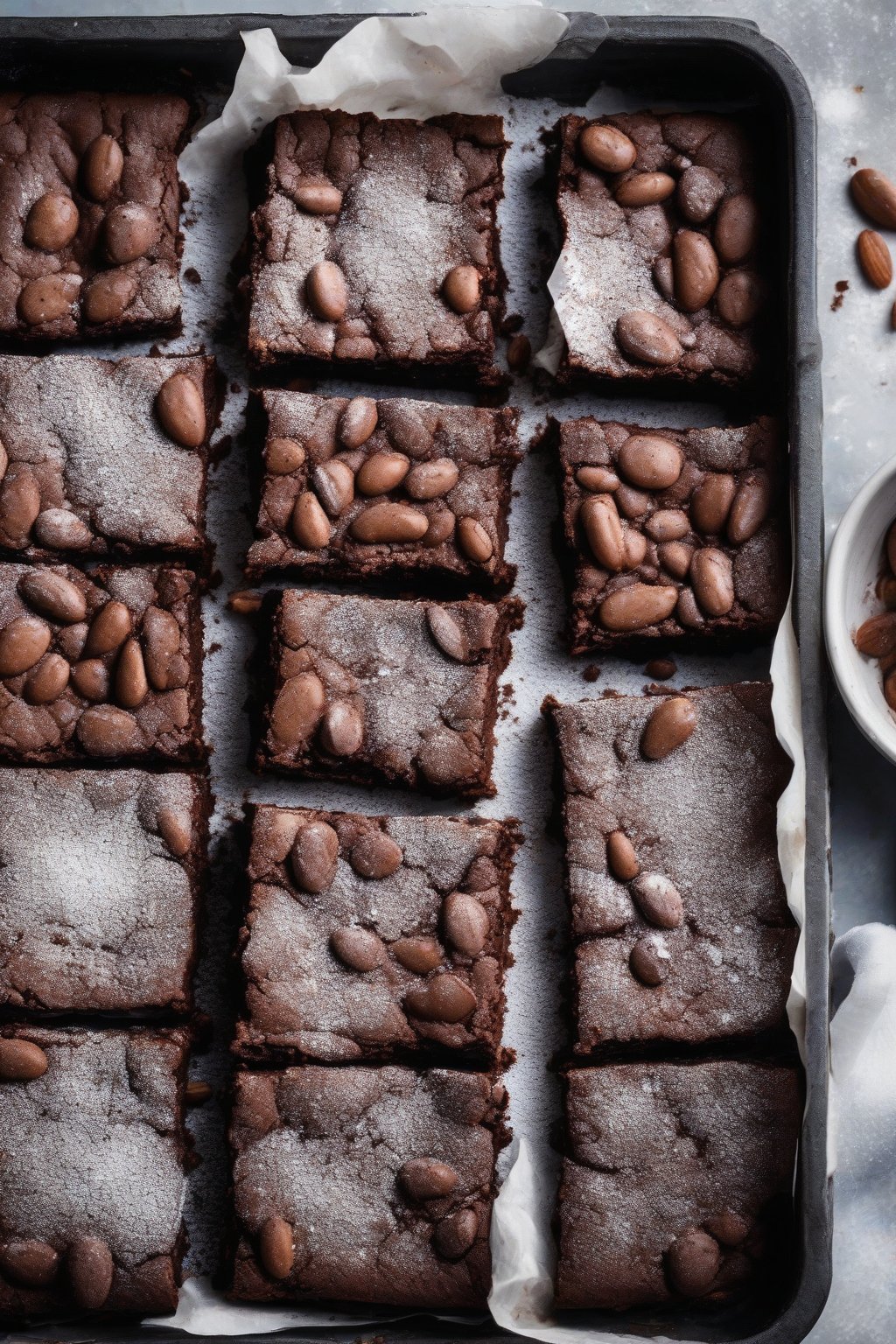 A high-resolution photo of fudgy butter bean brownies cut into squares with powdered sugar dust, under soft lighting.