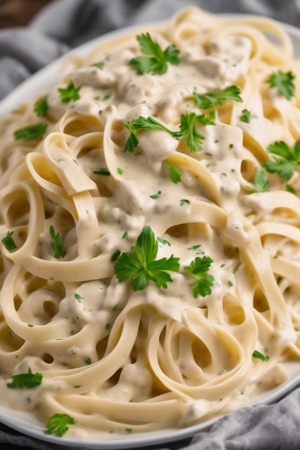 A high-resolution photo of creamy classic Alfredo sauce tossed with fettuccine under soft lighting.