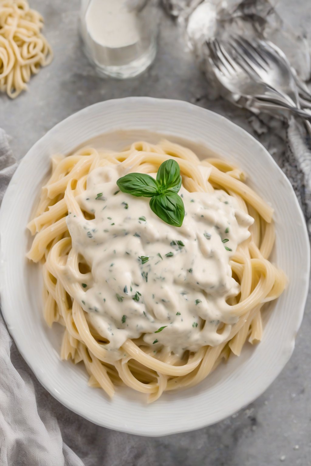 A high-resolution photo of light Greek yogurt Alfredo sauce over pasta under soft lighting.