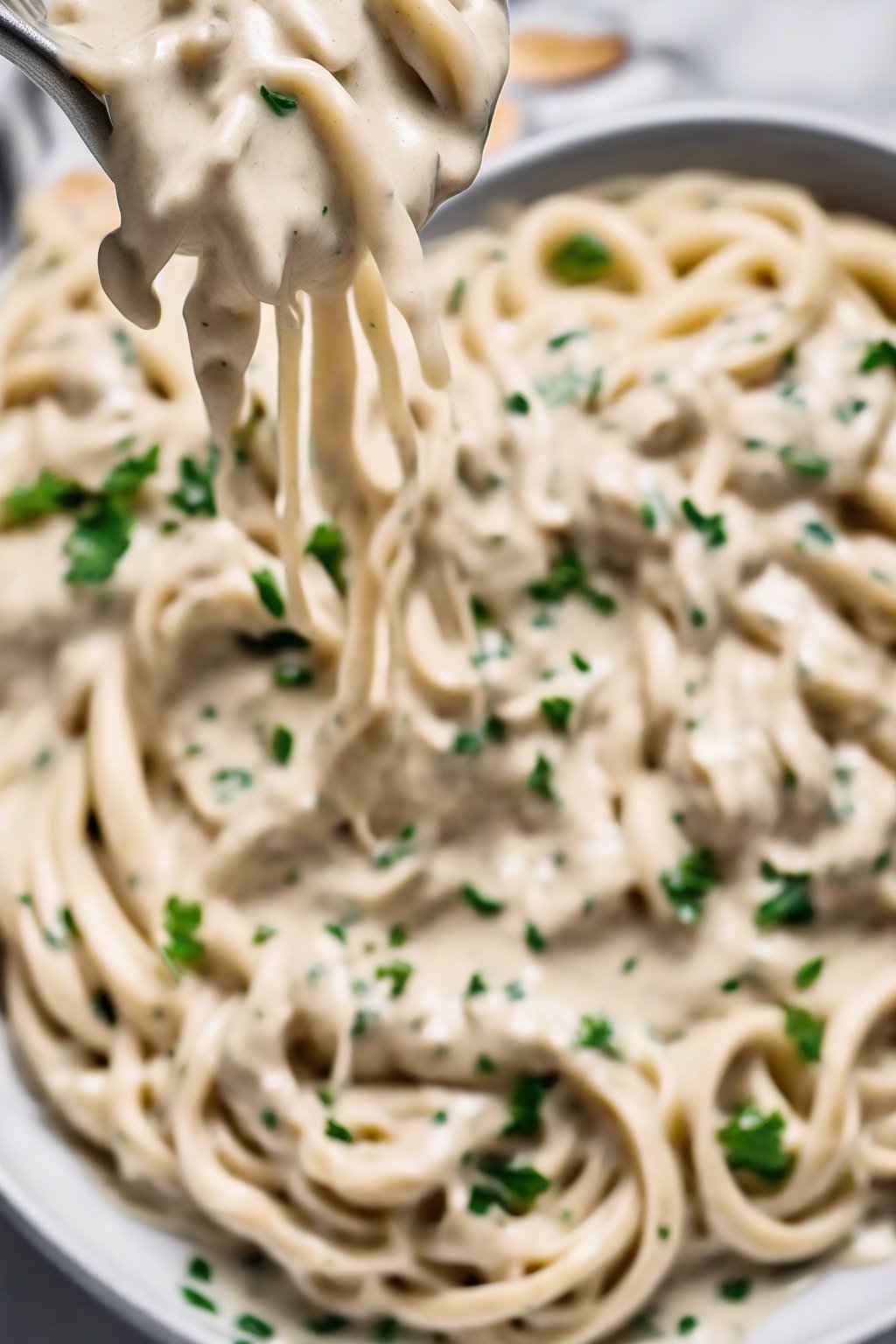 A high-resolution photo of vegan cashew Alfredo sauce drizzled on fettuccine under soft lighting.