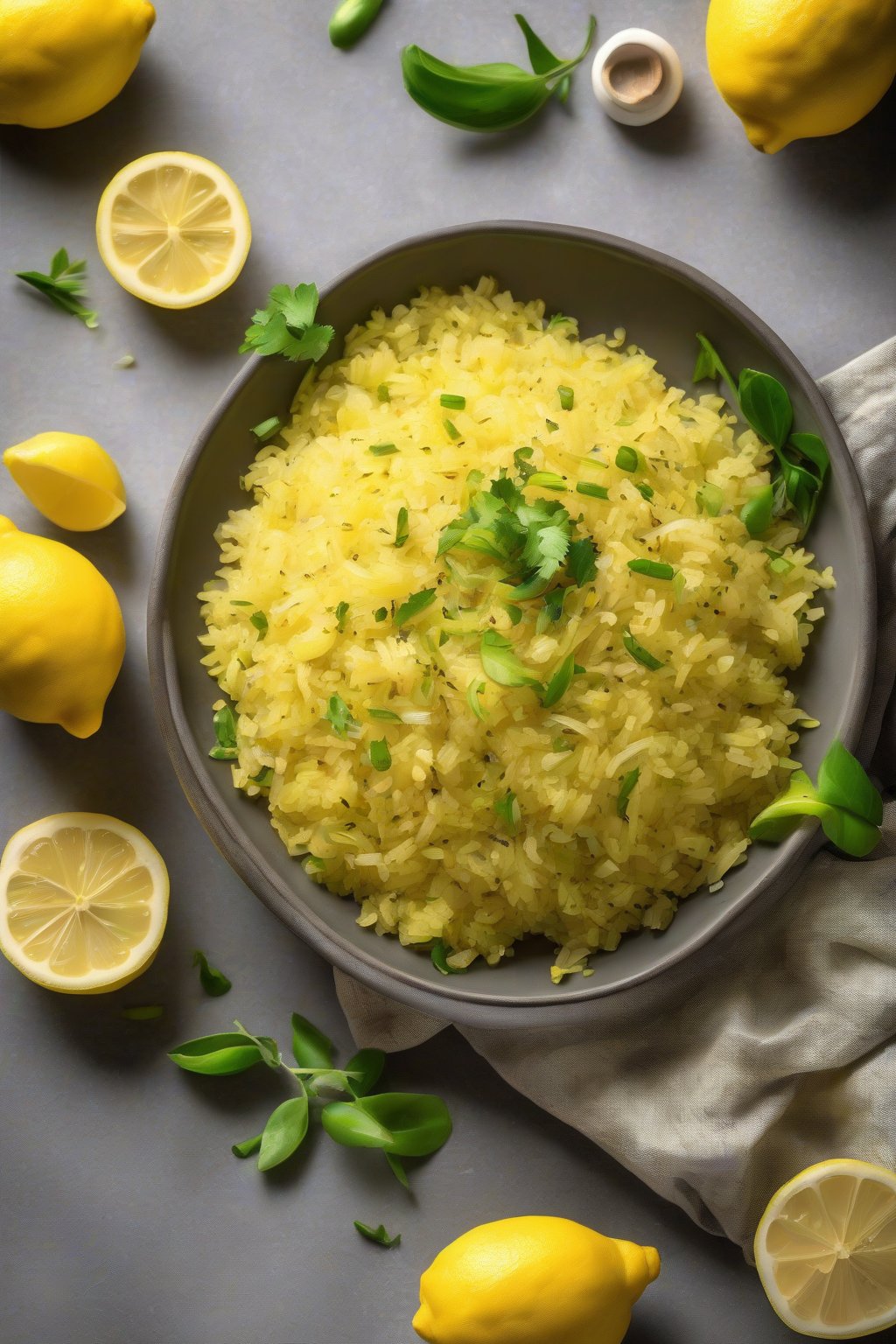 A high-resolution photo of Lemon Zest Poha brightened with lemon wedges and zest curls, fresh and vibrant, under soft lighting.