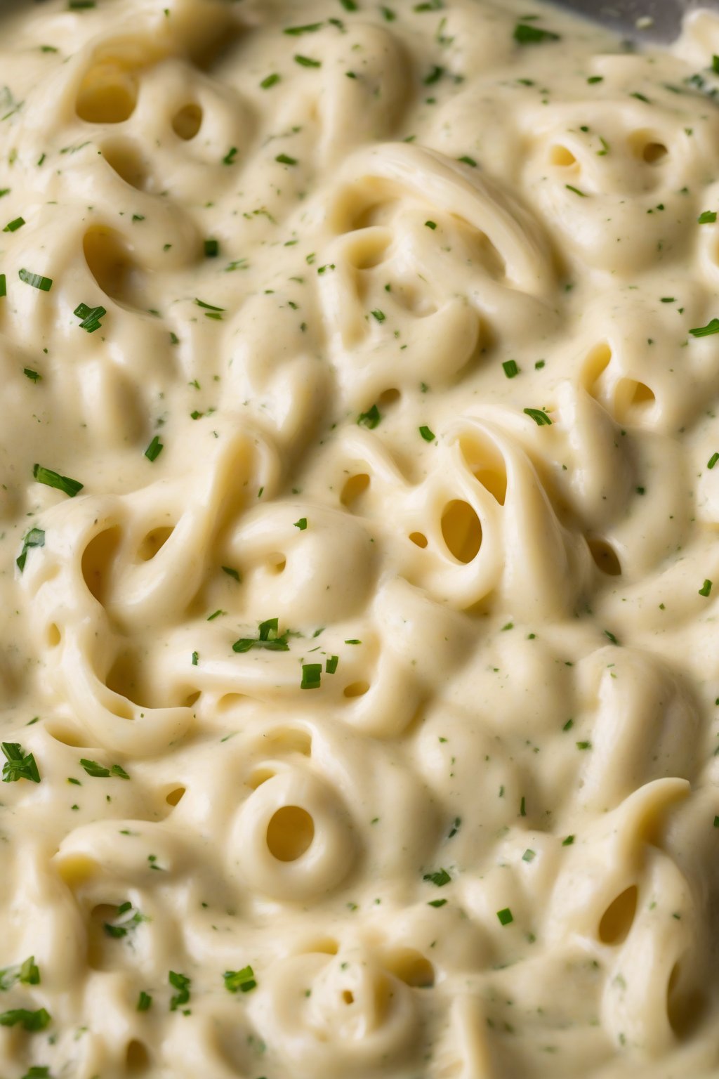 A high-resolution photo of garlic-heavy Alfredo sauce with visible cheese shreds under soft lighting.