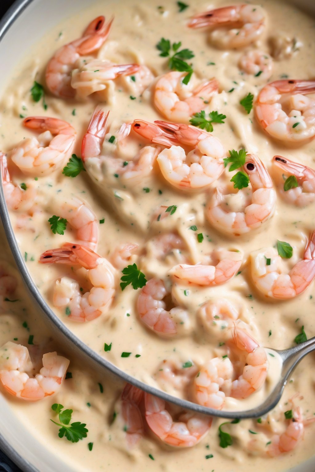 A high-resolution photo of shrimp Alfredo sauce with pink shrimp peeking through cream under soft lighting.