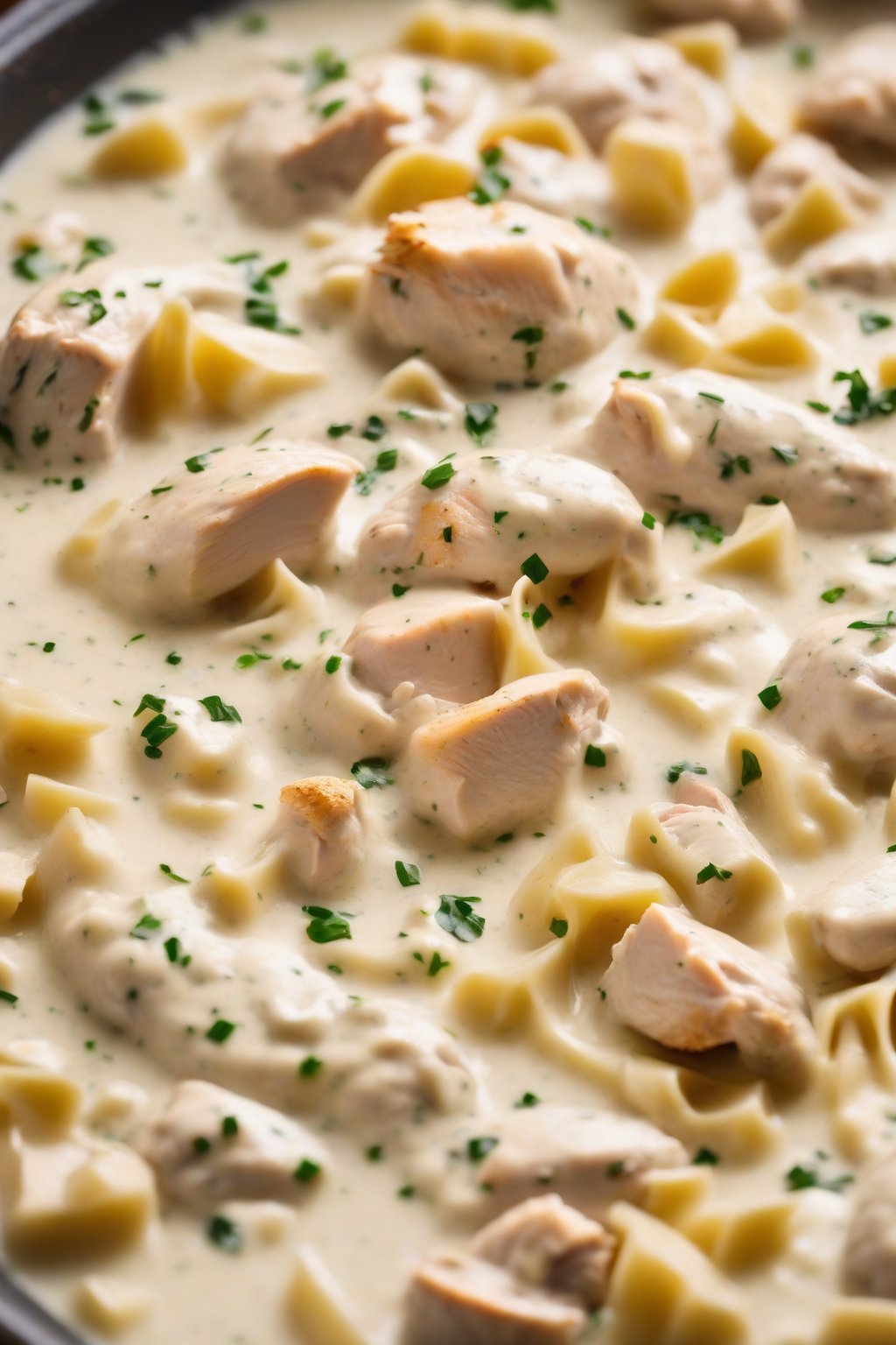 A high-resolution photo of chicken Alfredo sauce with golden chicken bits under soft lighting.
