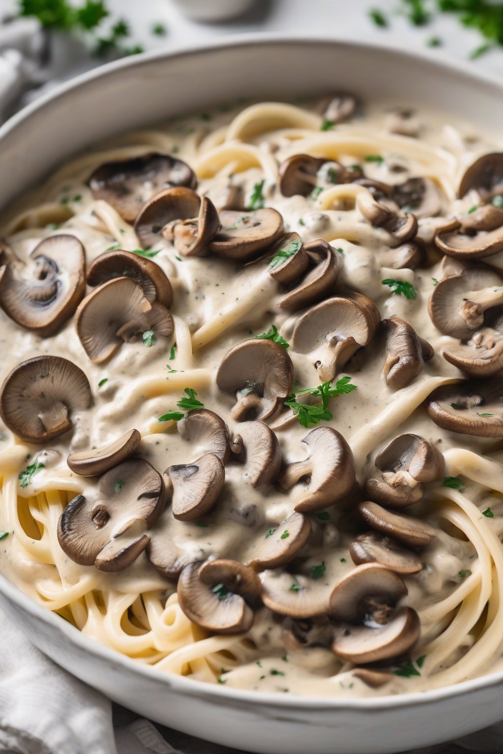 A high-resolution photo of mushroom Alfredo sauce with sliced mushrooms in cream under soft lighting.