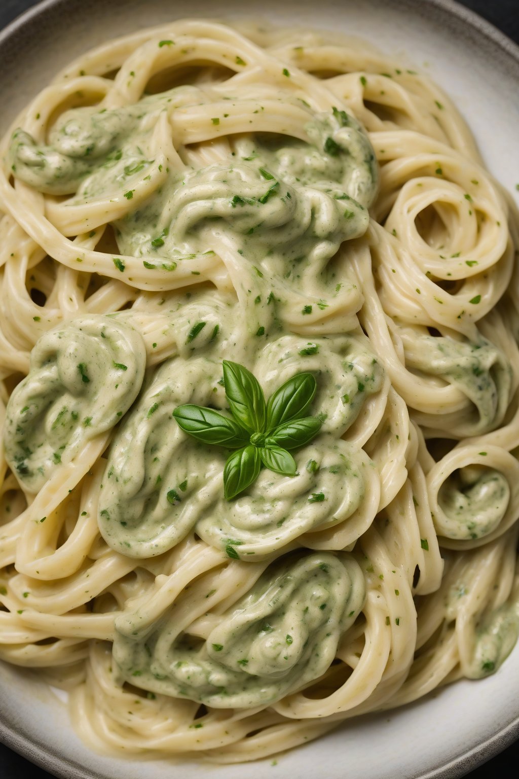 A high-resolution photo of pesto-swirled Alfredo sauce on pasta under soft lighting.