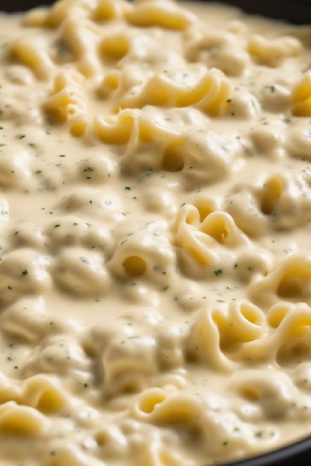 A high-resolution photo of four-cheese Alfredo sauce bubbling with golden top under soft lighting.
