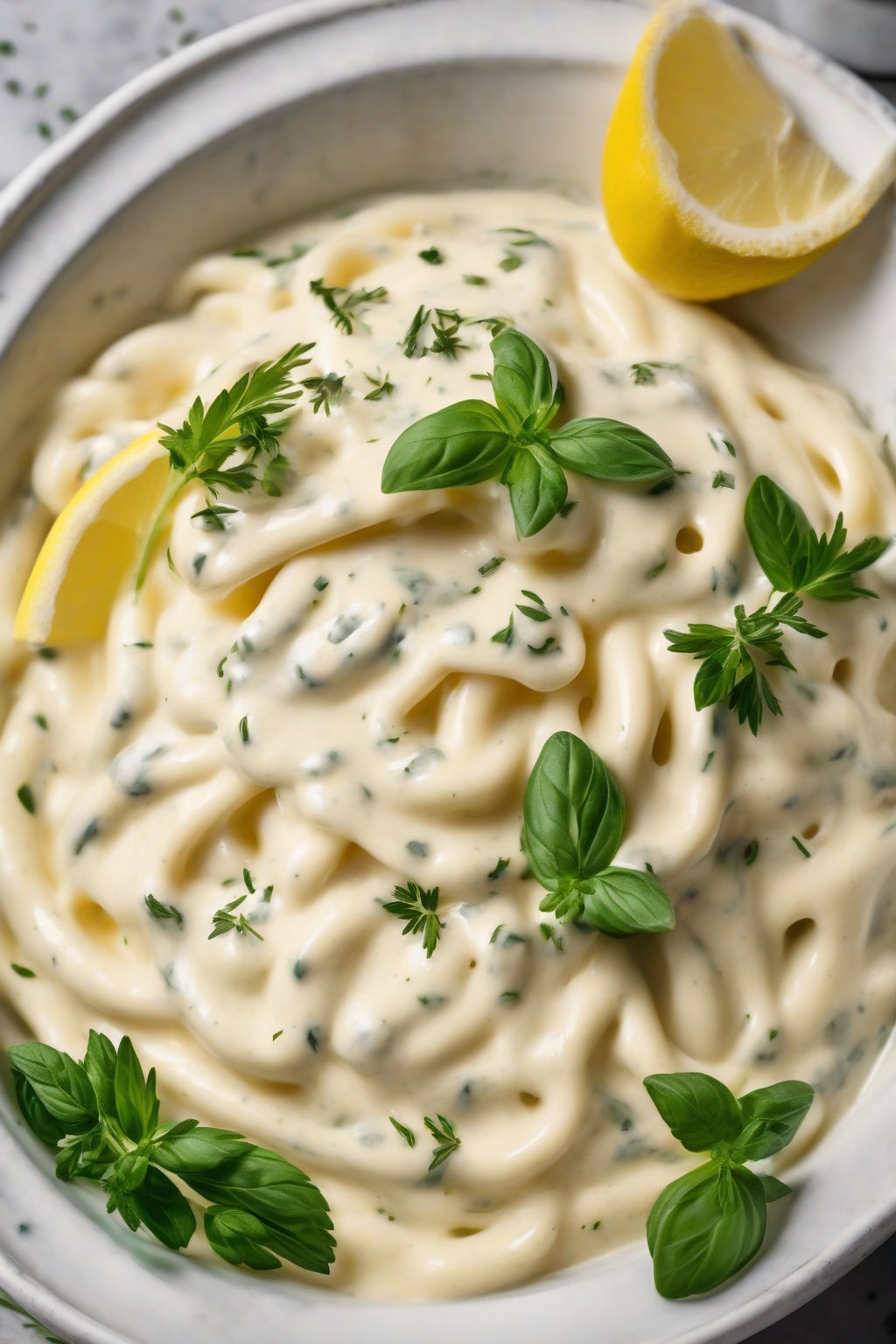 A high-resolution photo of lemony Alfredo sauce garnished with herbs under soft lighting.