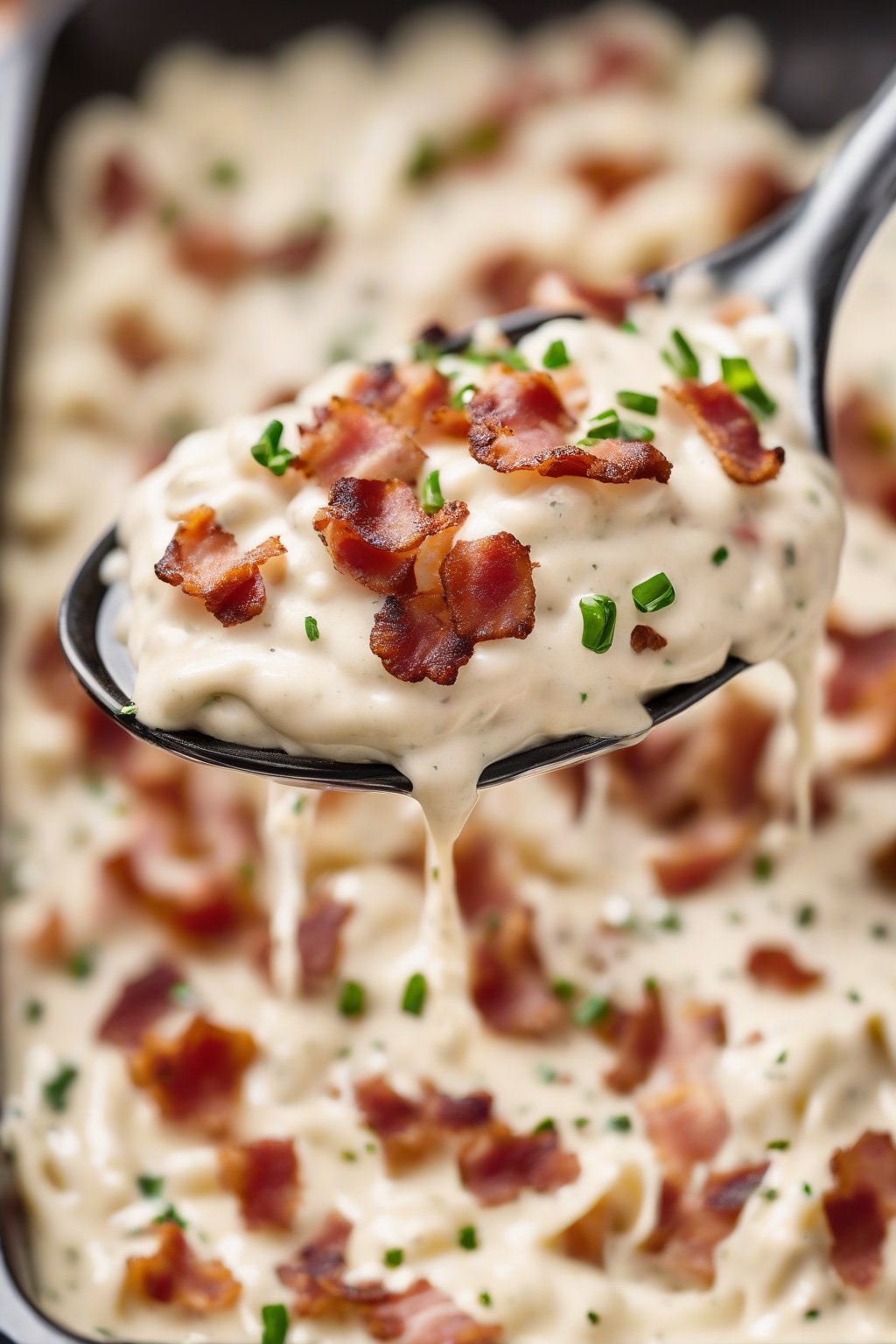 A high-resolution photo of bacon Alfredo sauce with crispy bacon flecks under soft lighting.