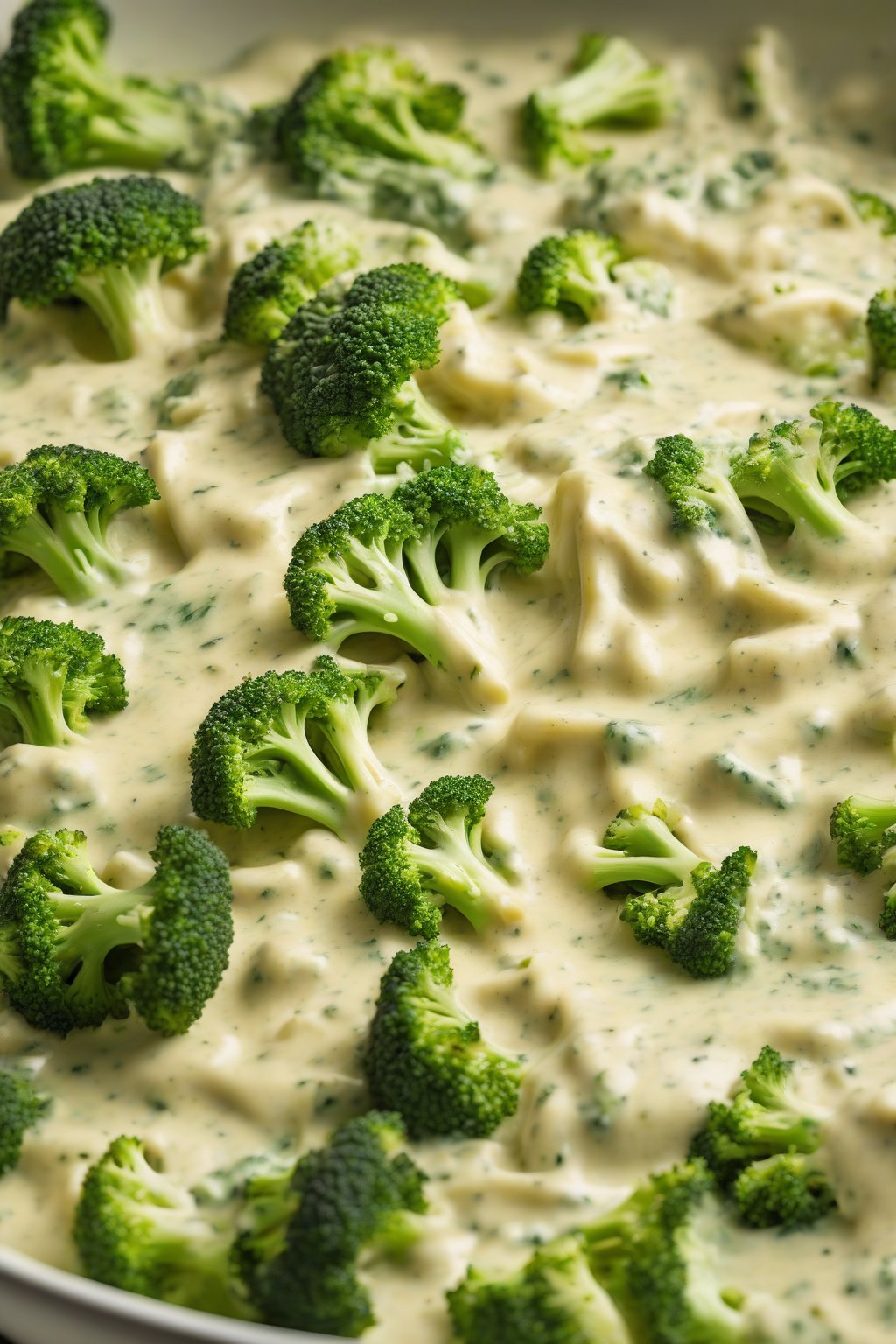 A high-resolution photo of broccoli-flecked Alfredo sauce under soft lighting.