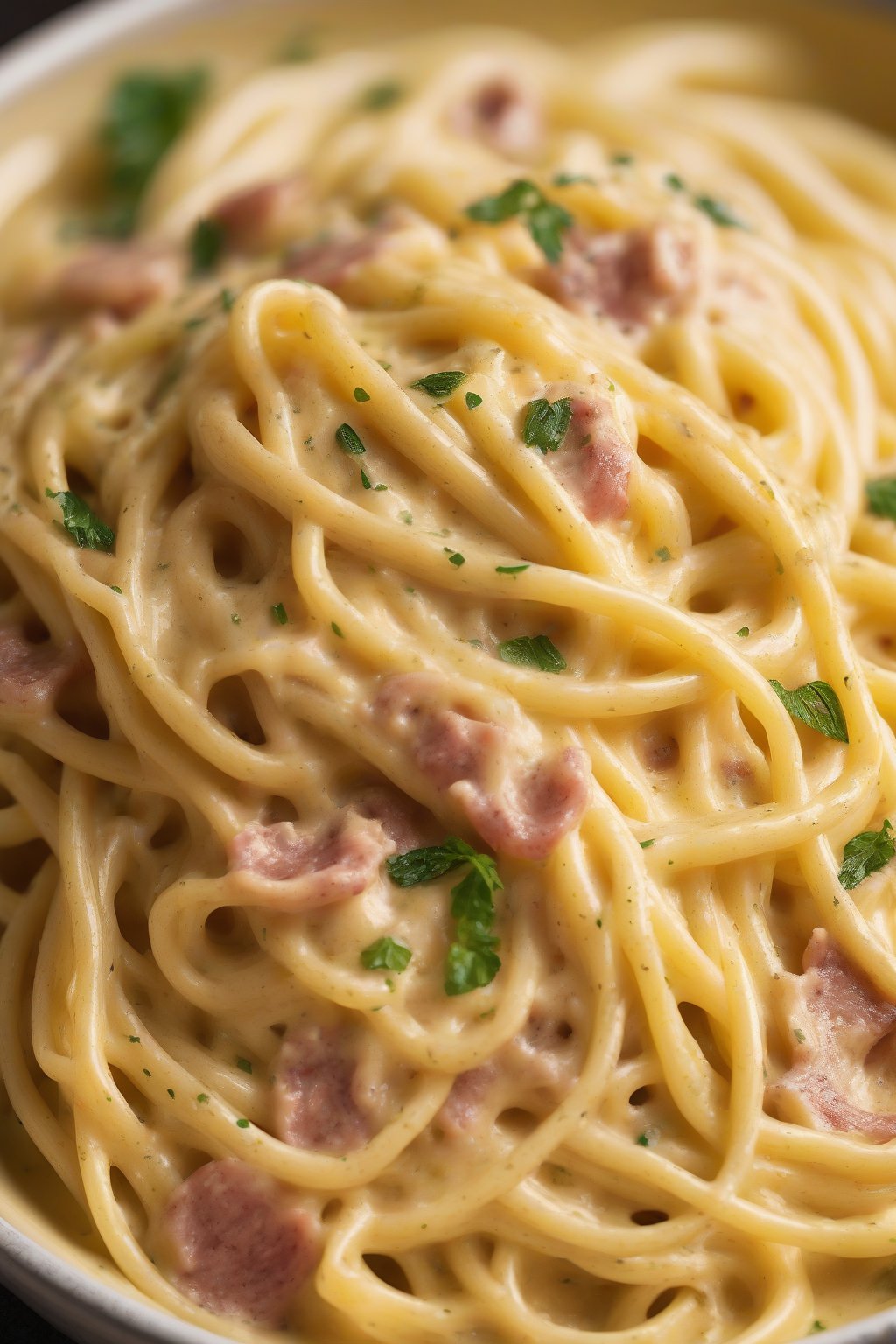 A high-resolution photo of extra-creamy spaghetti carbonara close-up, vibrant yellow sauce shining, under soft lighting.