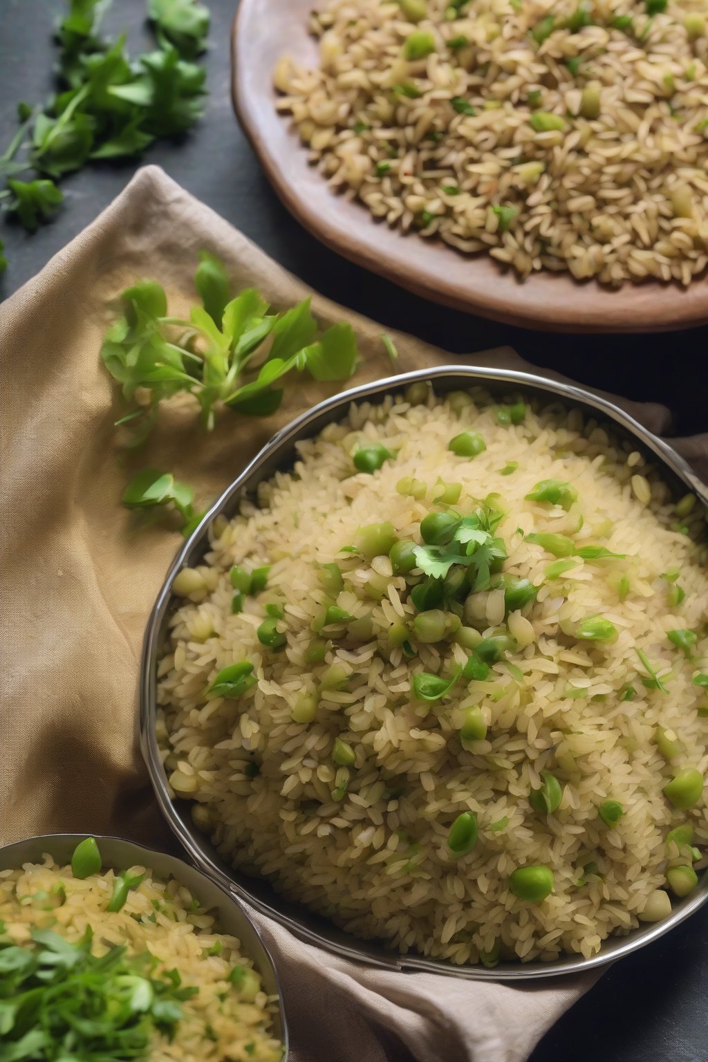 A high-resolution photo of Sprouts and Poha Fusion with green moong sprouts peeking through fluffy poha, garnished vibrantly, under soft lighting.
