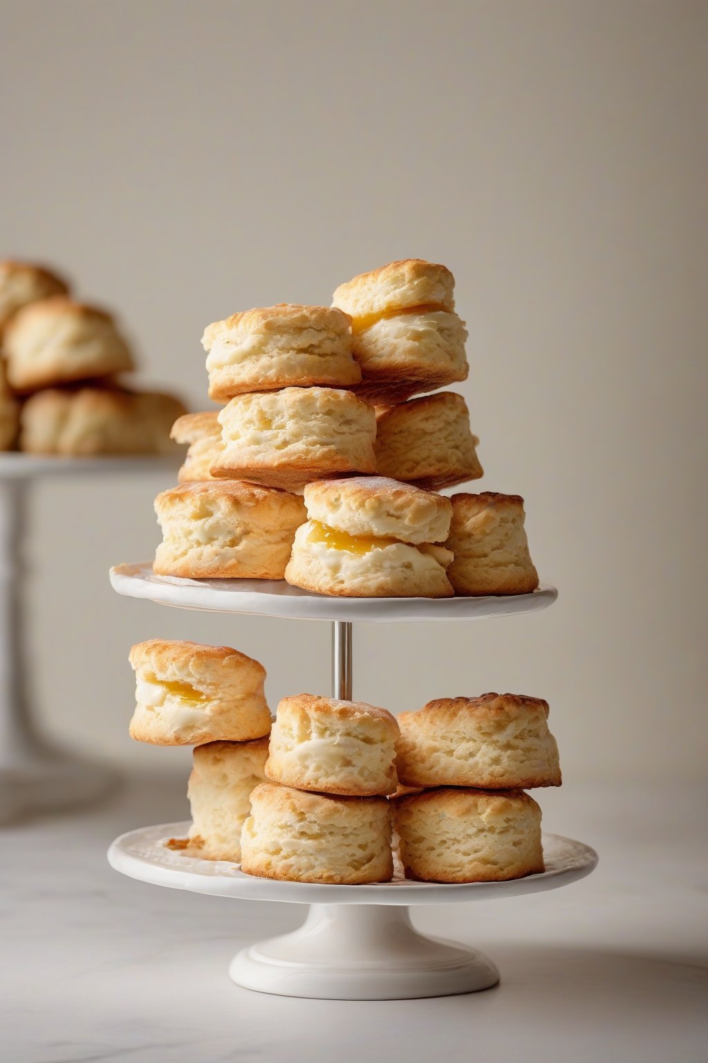 A high-resolution photo of golden classic plain buttery scones on a white tiered stand, split open with cream and jam, under soft lighting.