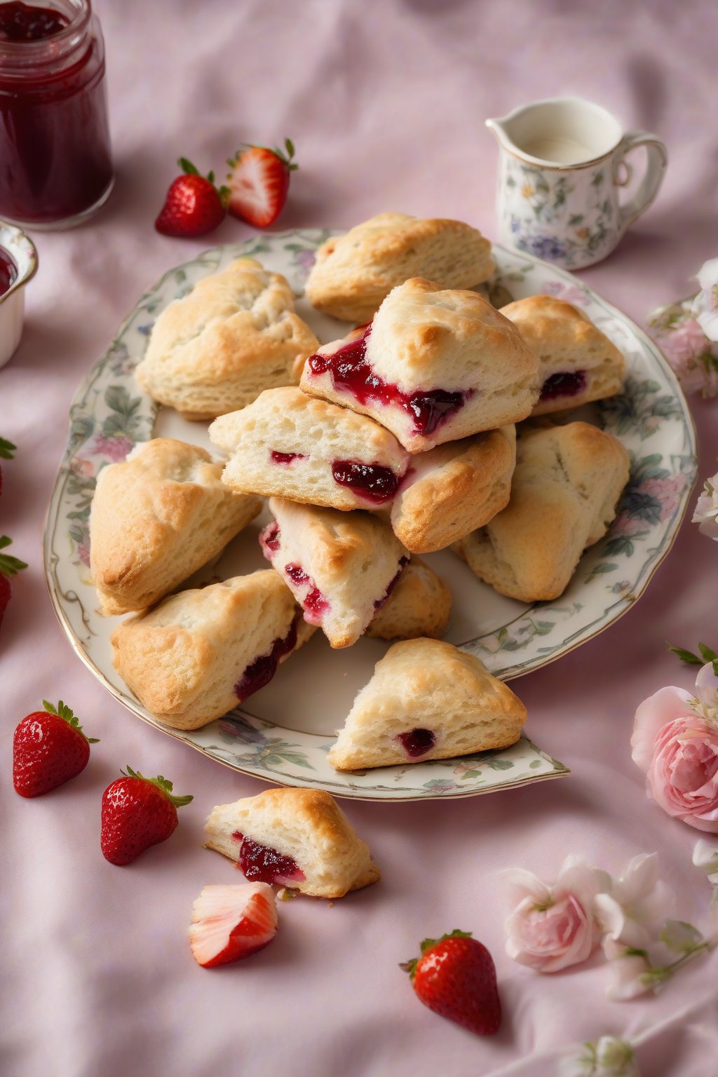 A high-resolution photo of strawberry jam-filled buttery scones, with jam oozing from a split scone, on a floral plate under soft lighting.