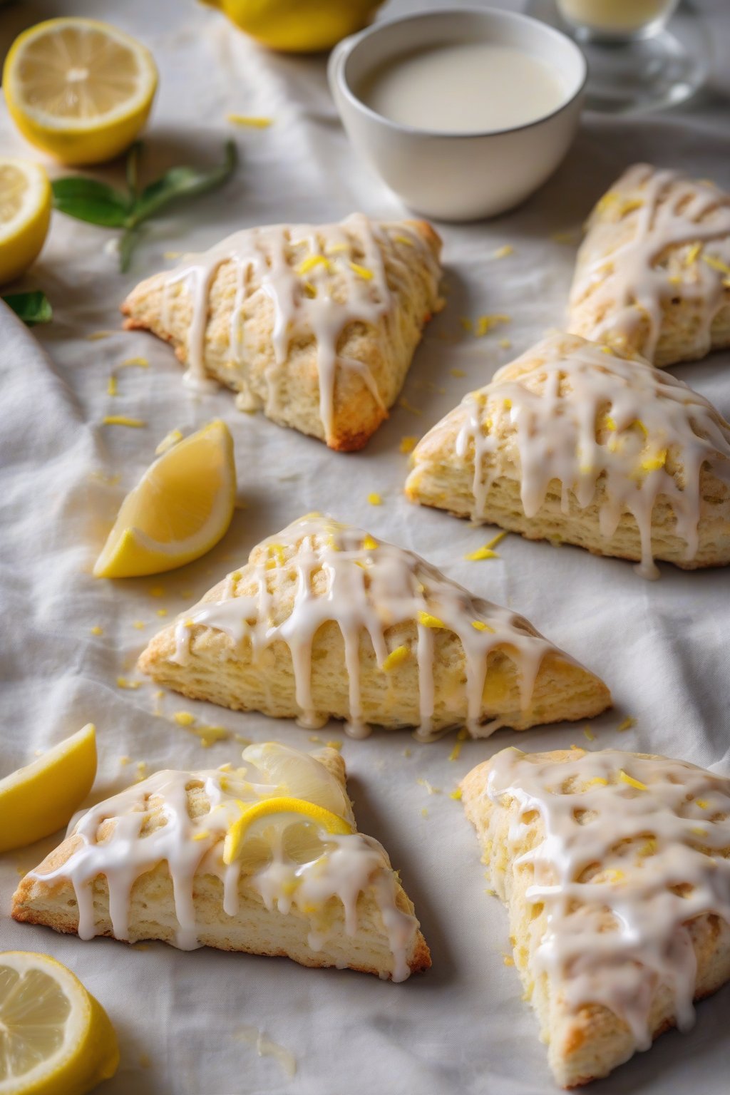 A high-resolution photo of lemon zest buttery scones drizzled with glaze, lemon slices nearby, on a pastel napkin under soft lighting.