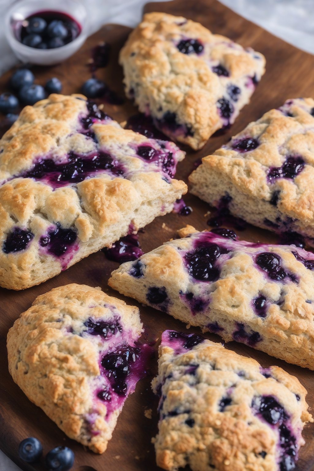 A high-resolution photo of blueberry buttery scones with purple juices staining the crumb, scattered on a wooden board under soft lighting.
