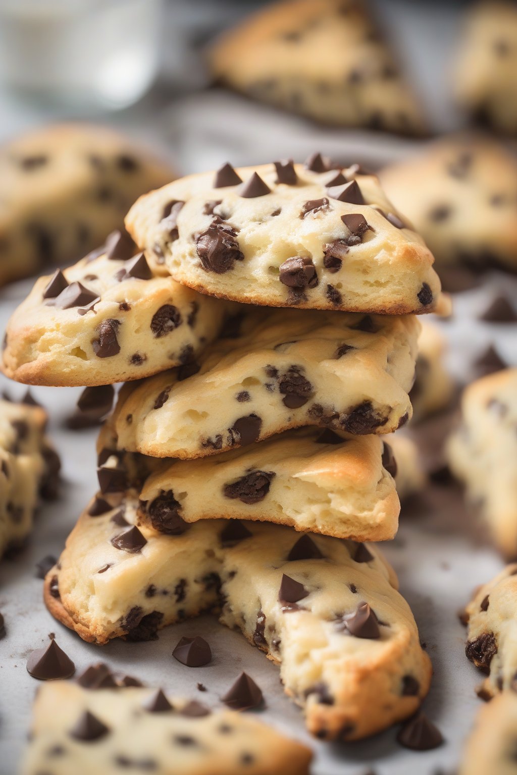 A high-resolution photo of chocolate chip buttery scones with melted chips visible inside, stacked pyramid-style under soft lighting.