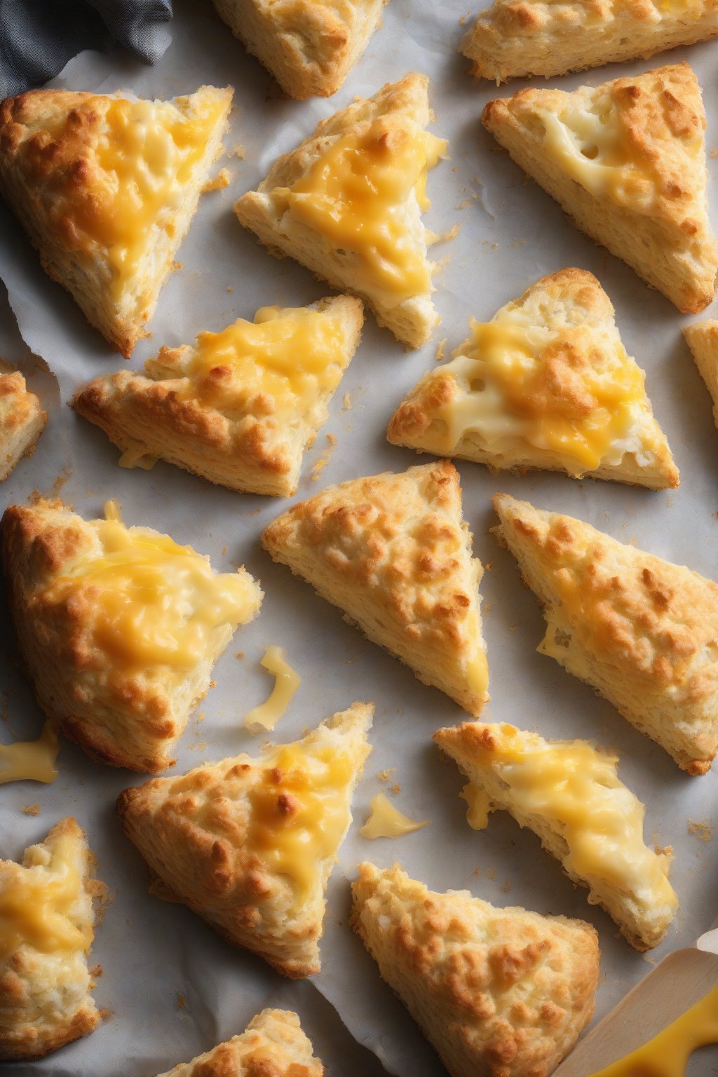 A high-resolution photo of cheddar cheese buttery scones with golden cheese crust, one split to show steam under soft lighting.