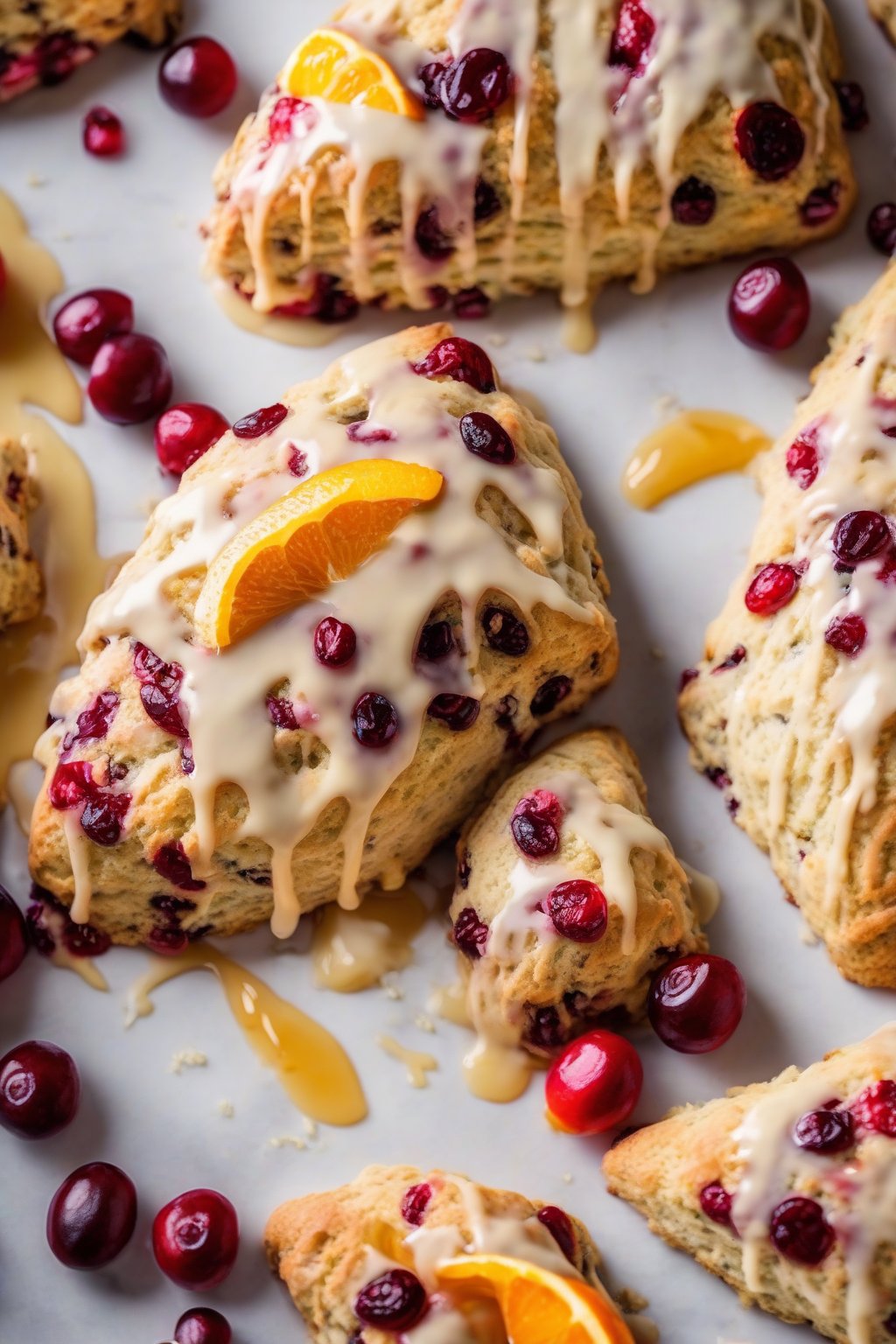 A high-resolution photo of cranberry orange buttery scones with orange glaze dripping, cranberries studding the top under soft lighting.