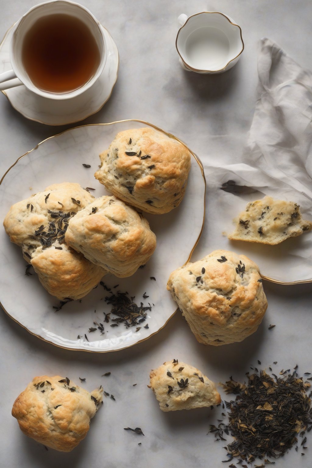 A high-resolution photo of Earl Grey buttery scones dusted with tea leaves, beside a teacup under soft lighting.