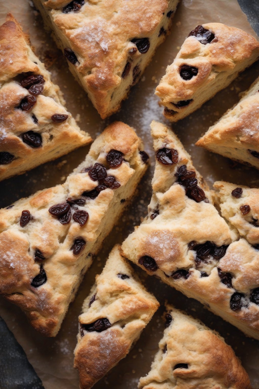 A high-resolution photo of cinnamon raisin buttery scones with cinnamon swirl visible, powdered sugar dusting under soft lighting.