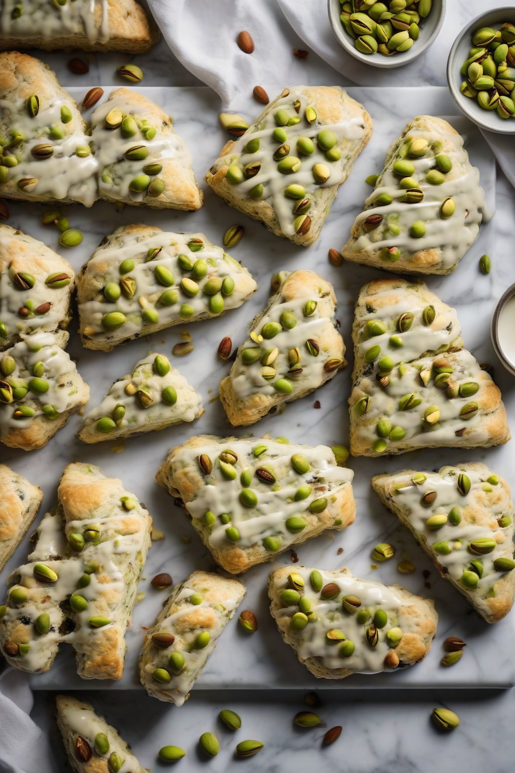 A high-resolution photo of pistachio buttery scones with green nuts and drizzle, on a marble surface under soft lighting.