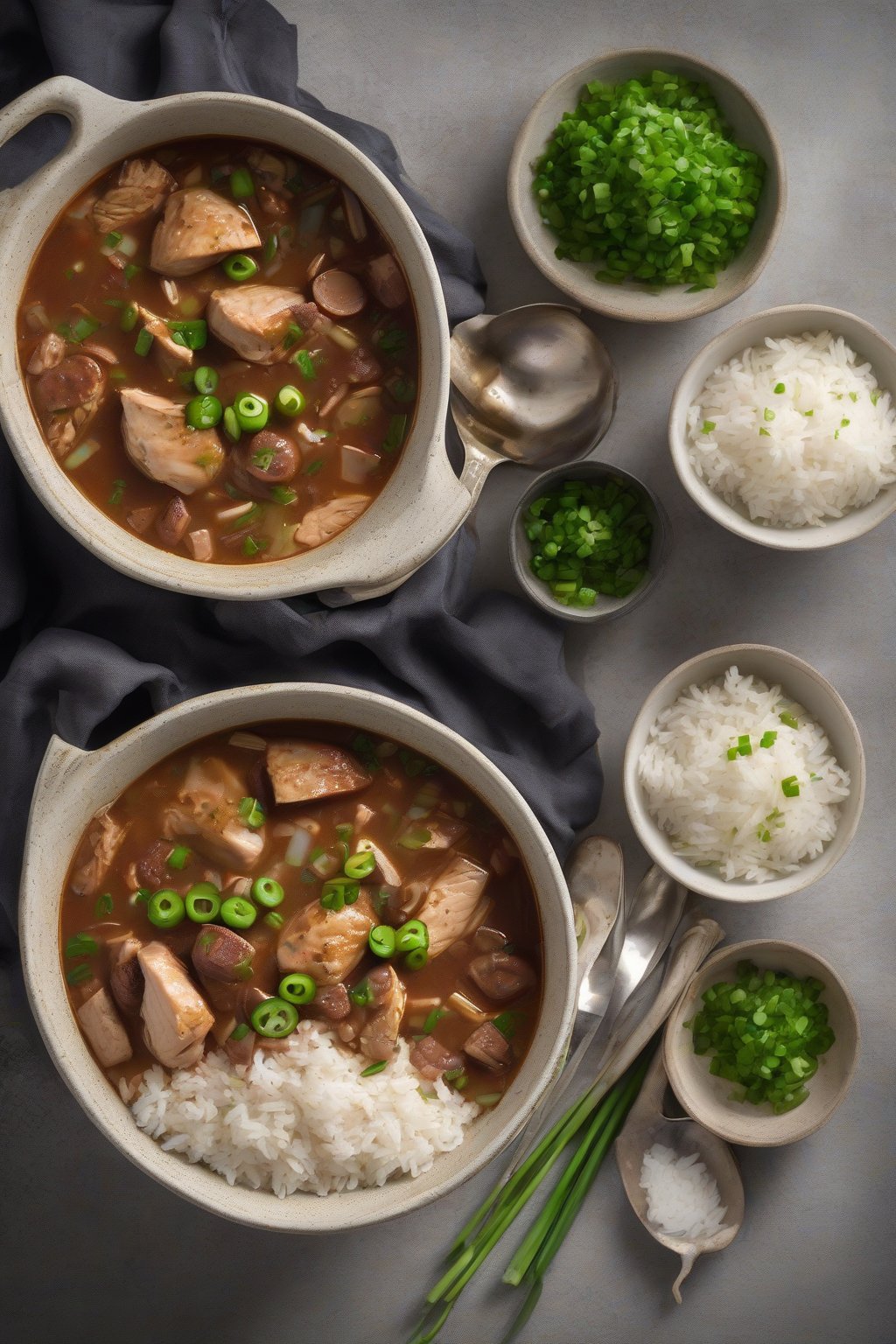 A high-resolution photo of a steaming bowl of classic chicken and sausage gumbo topped with green onions, served with rice, under soft lighting.