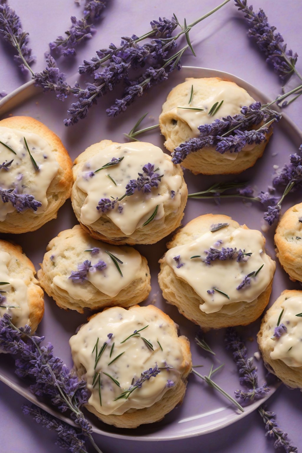 A high-resolution photo of lavender buttery scones topped with lavender sprigs, soft purple tones under soft lighting.