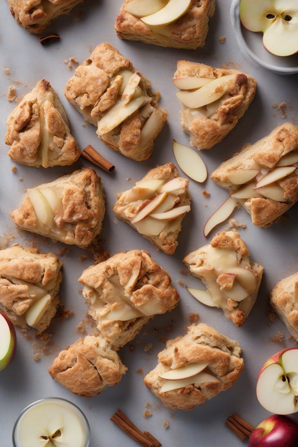 A high-resolution photo of apple cinnamon buttery scones with apple chunks peeking out, cinnamon dust under soft lighting.