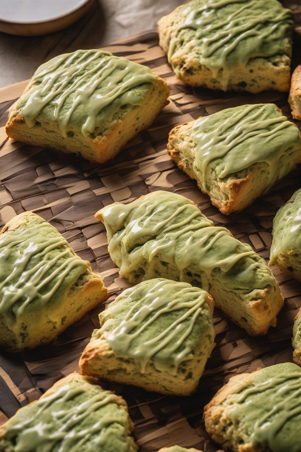 A high-resolution photo of matcha buttery scones with green hue and drizzle, on a bamboo tray under soft lighting.