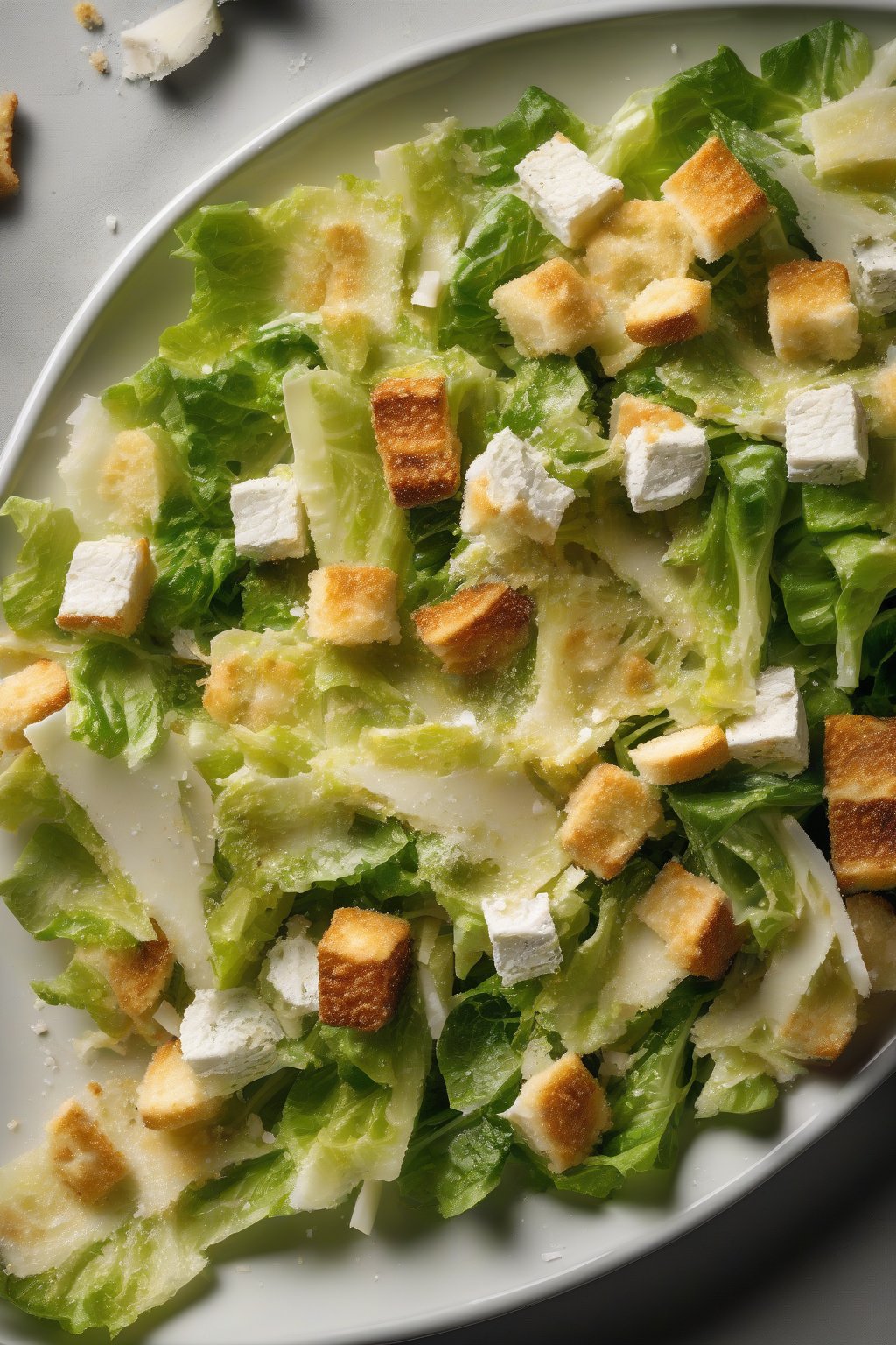 A high-resolution photo of a classic Caesar salad with crisp romaine, golden croutons, and shaved Parmesan under soft lighting.