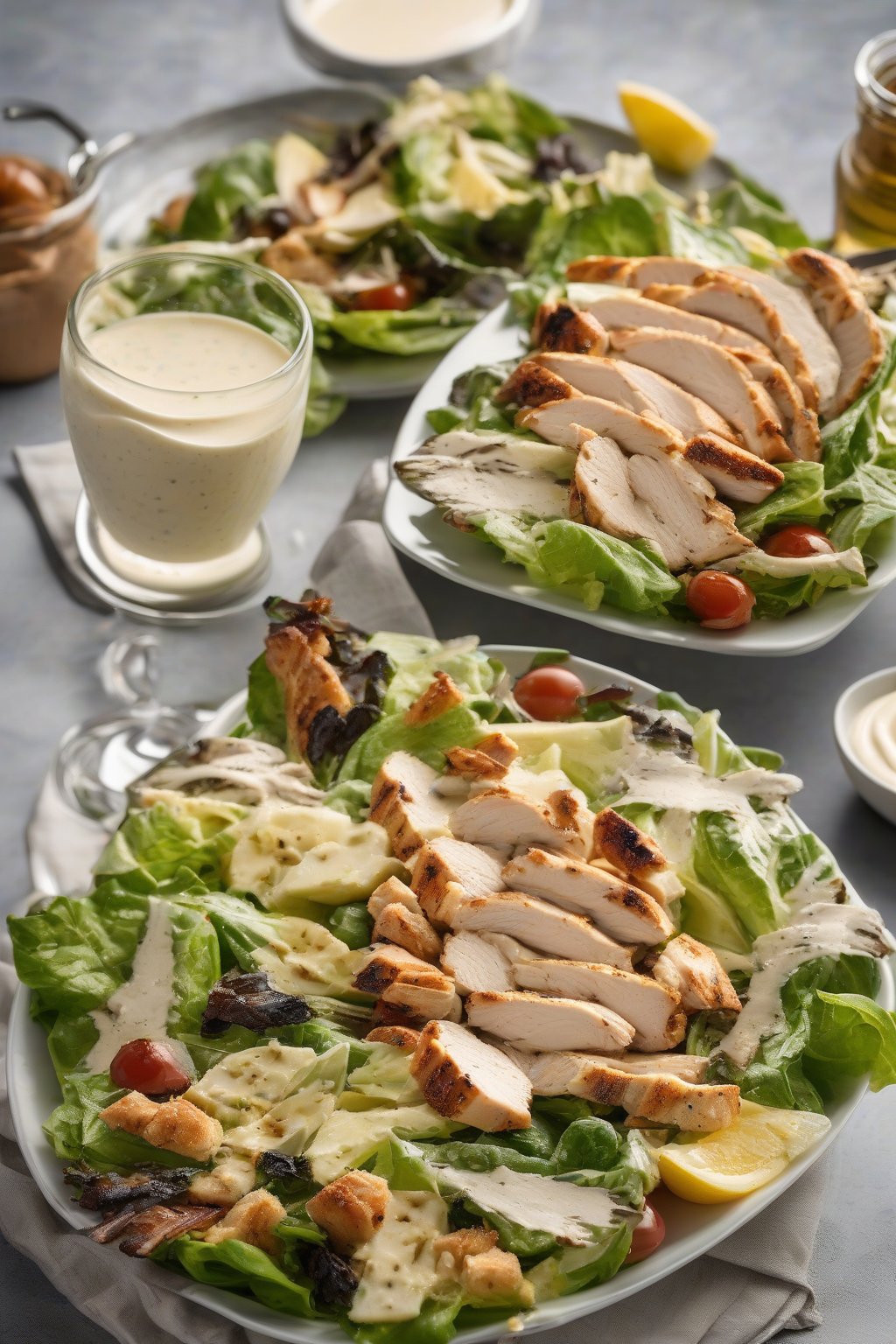 A high-resolution photo of grilled chicken Caesar salad with charred chicken strips over creamy dressing under soft lighting.