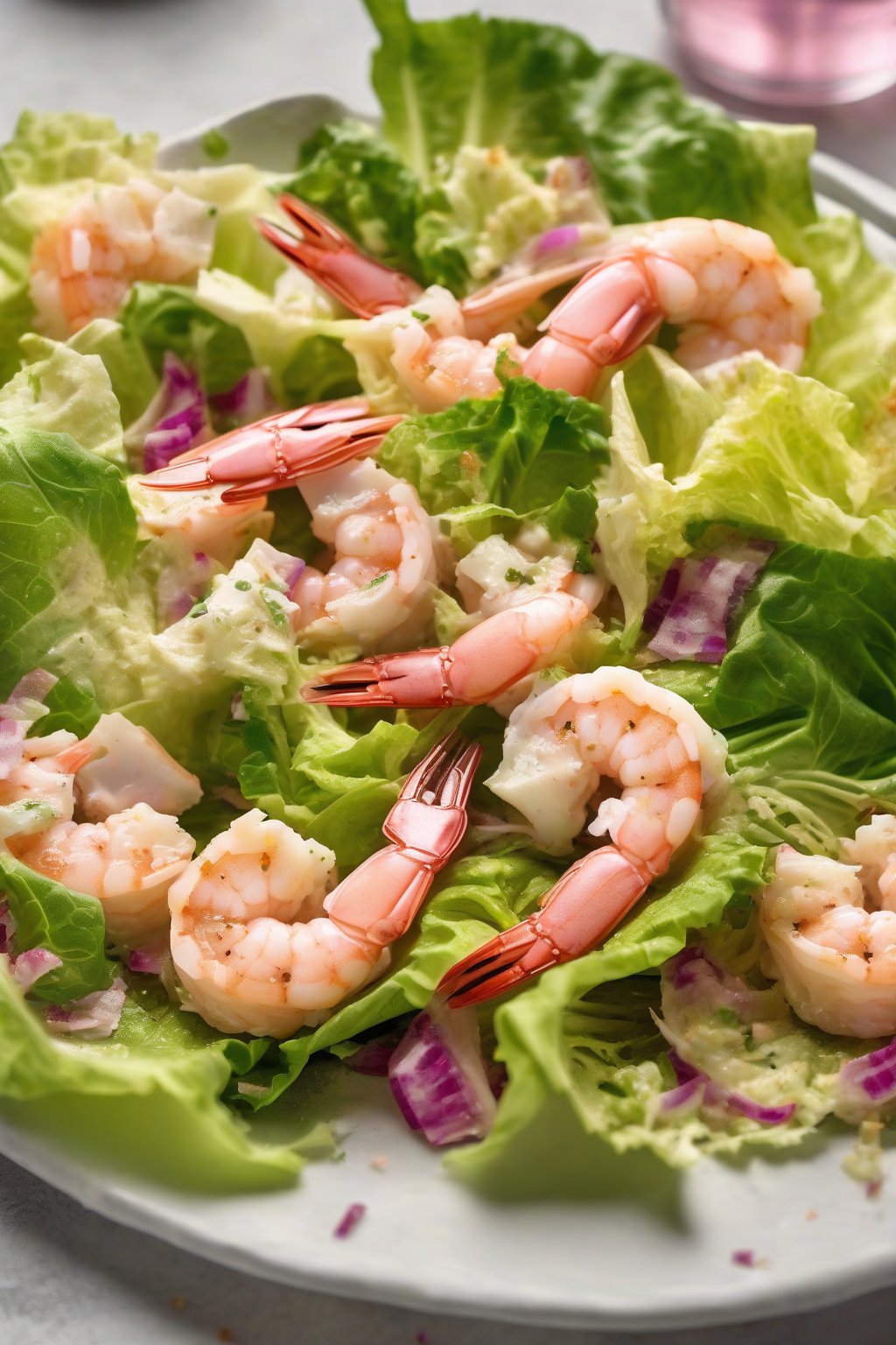 A high-resolution photo of shrimp Caesar salad with plump pink shrimp on romaine under soft lighting.