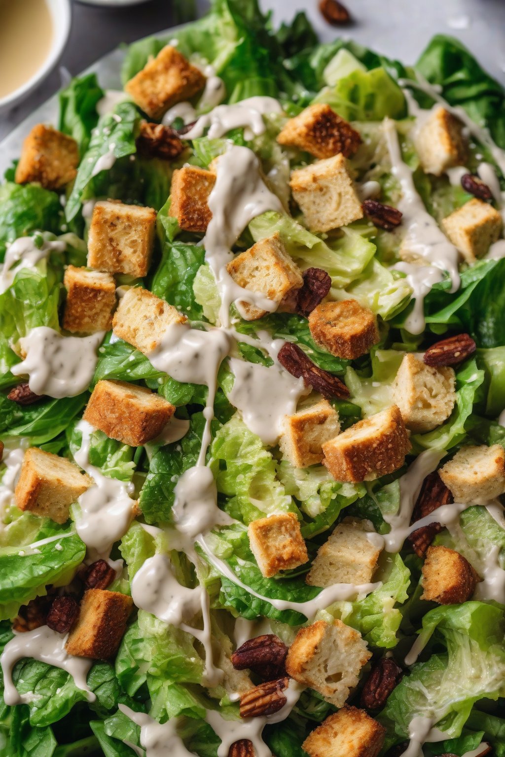 A high-resolution photo of vegan Caesar salad with tahini dressing drizzle and nutty croutons under soft lighting.