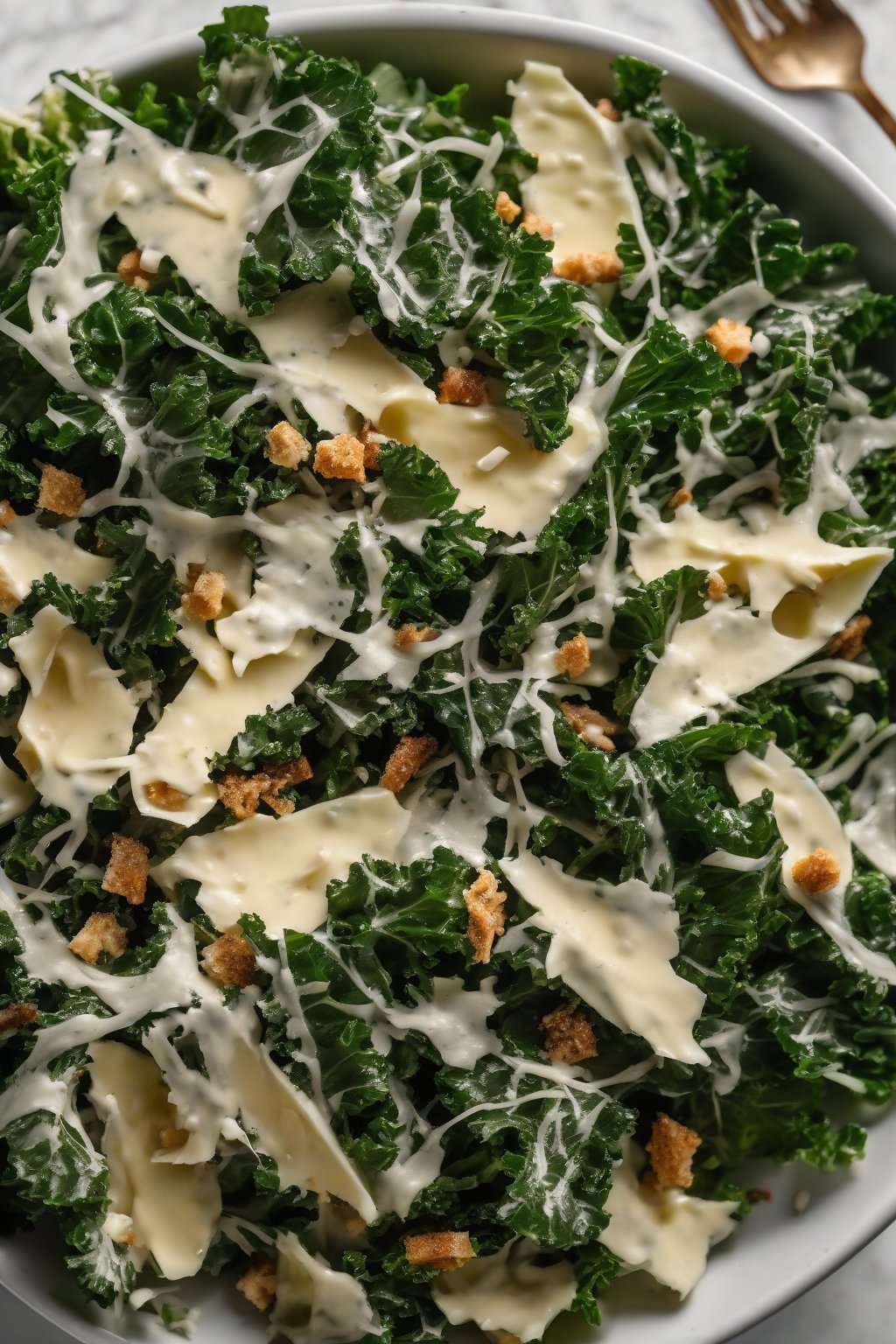 A high-resolution photo of kale Caesar salad with dark green leaves and cheesy shreds under soft lighting.