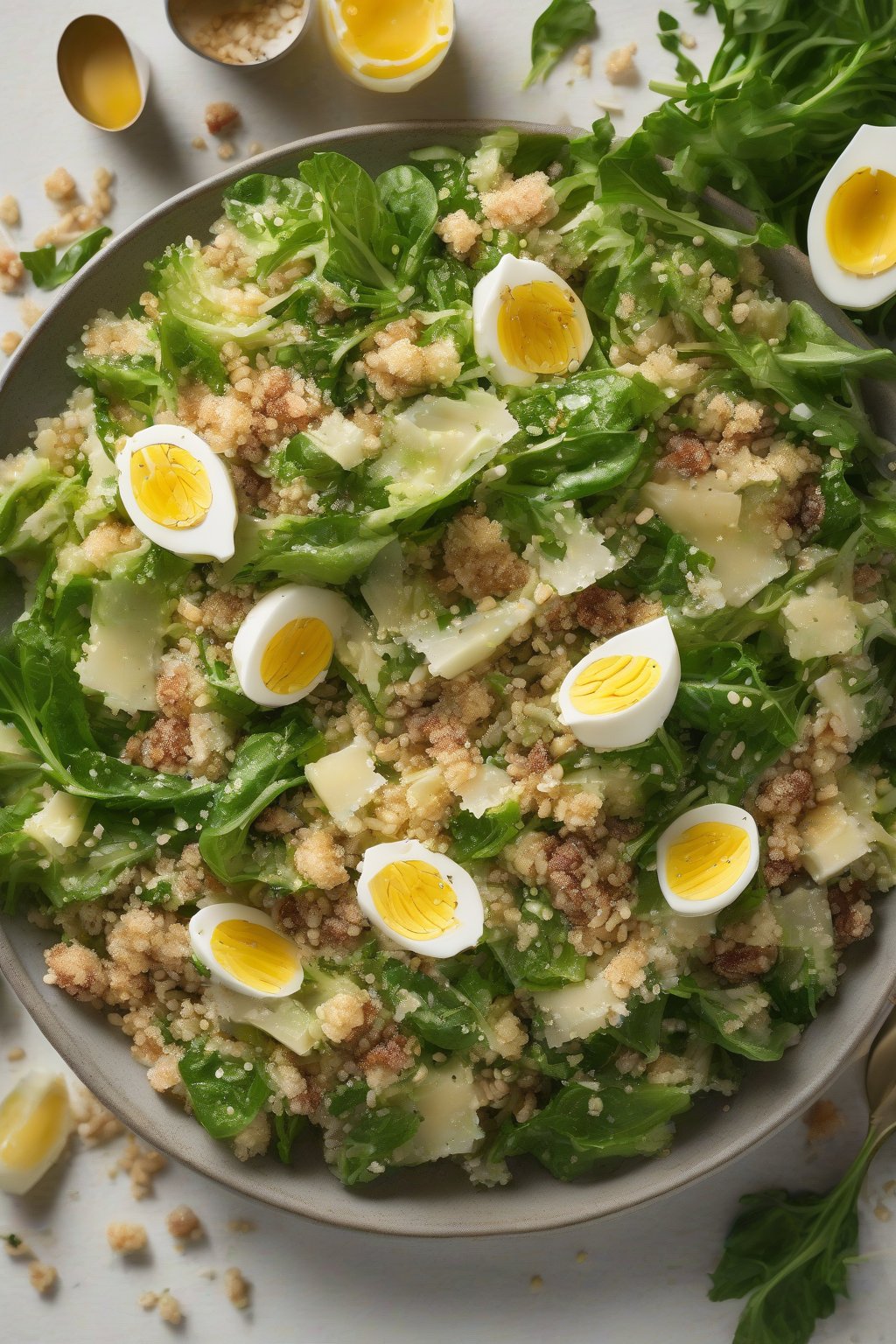 A high-resolution photo of quinoa Caesar salad with fluffy grains and crisp greens under soft lighting.