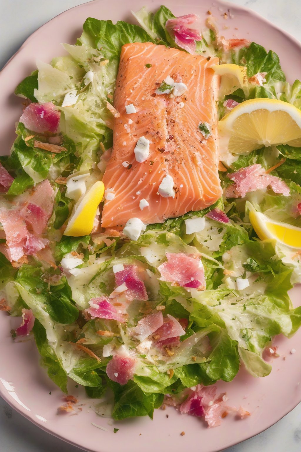 A high-resolution photo of smoked salmon Caesar salad with pink flakes and lemon wedges under soft lighting.
