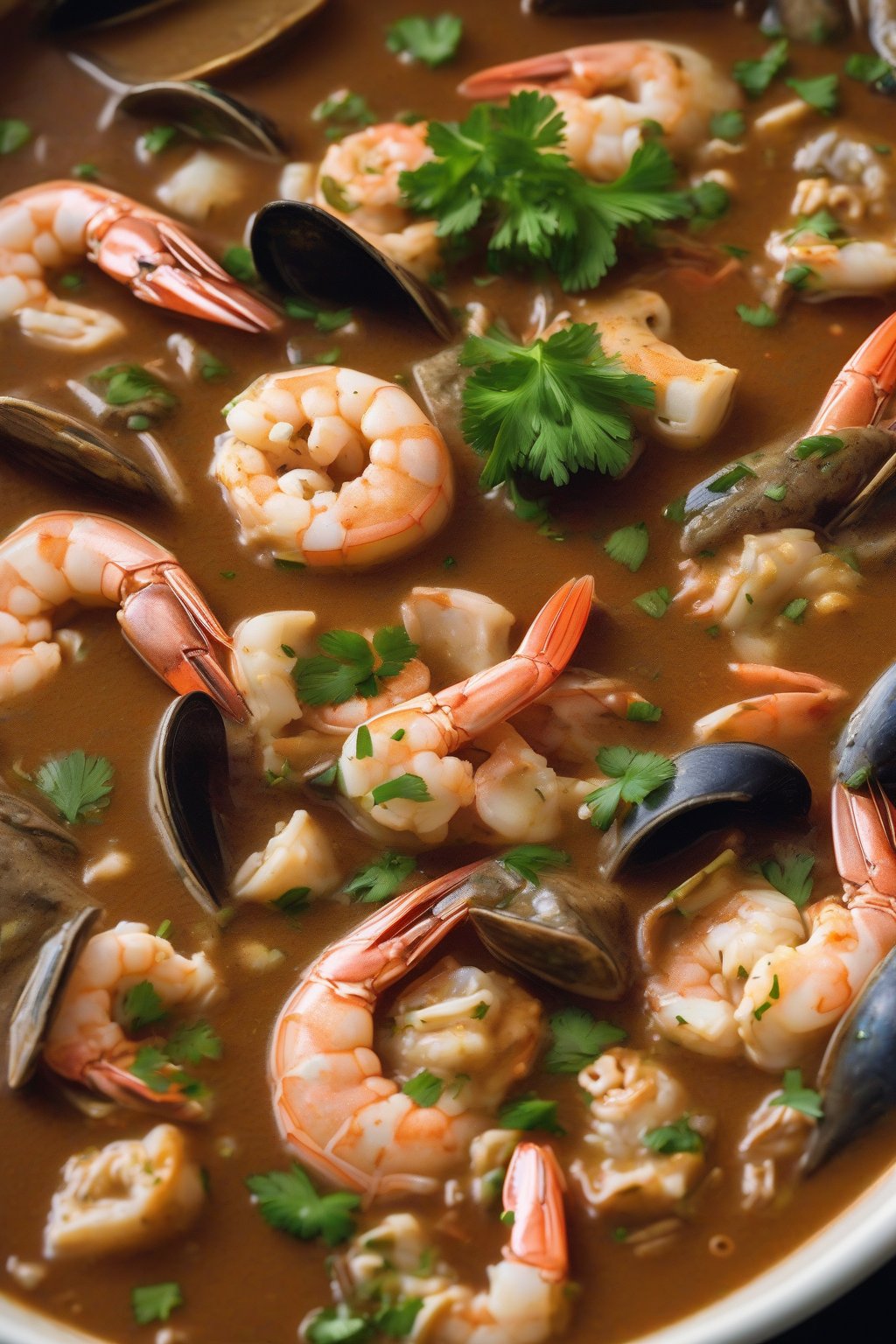 A high-resolution close-up photo of seafood gumbo brimming with shrimp, crab, and fish chunks in a dark roux broth, garnished with parsley, under soft lighting.