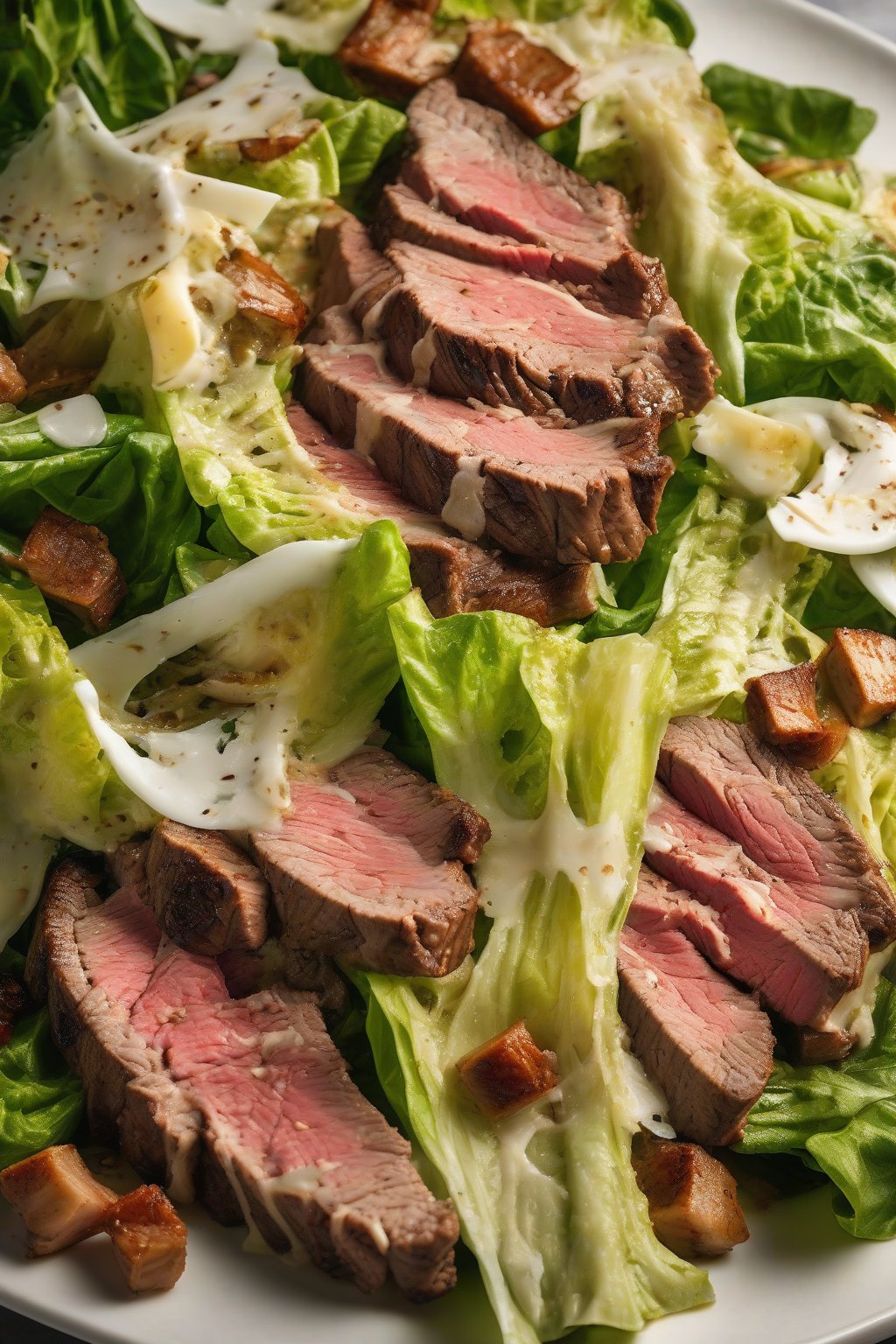 A high-resolution photo of steak Caesar salad with sliced beef and romaine under soft lighting.