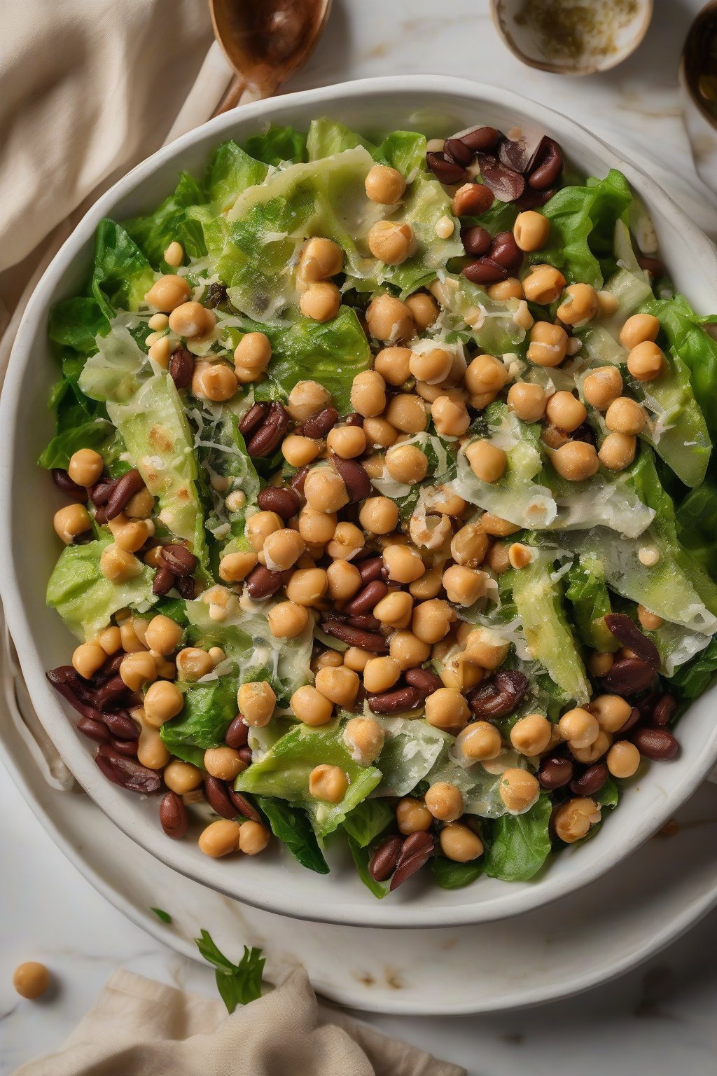 A high-resolution photo of chickpea Caesar salad with golden roasted beans under soft lighting.