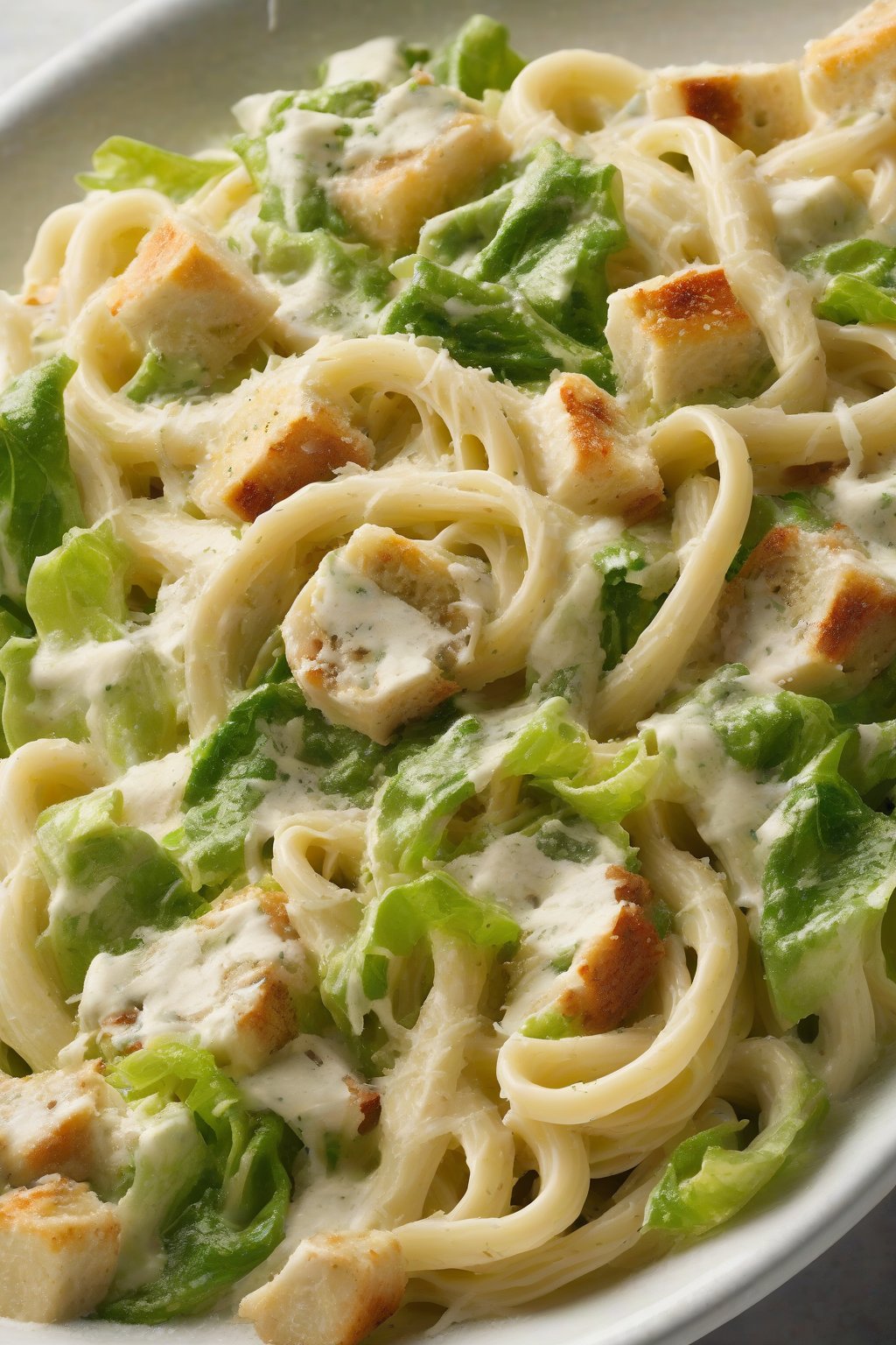 A high-resolution photo of pasta Caesar salad with twirled noodles in creamy sauce under soft lighting.
