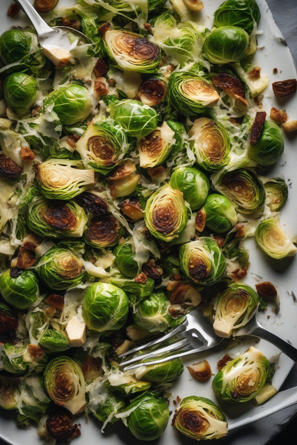 A high-resolution photo of Brussels sprouts Caesar salad with charred edges under soft lighting.